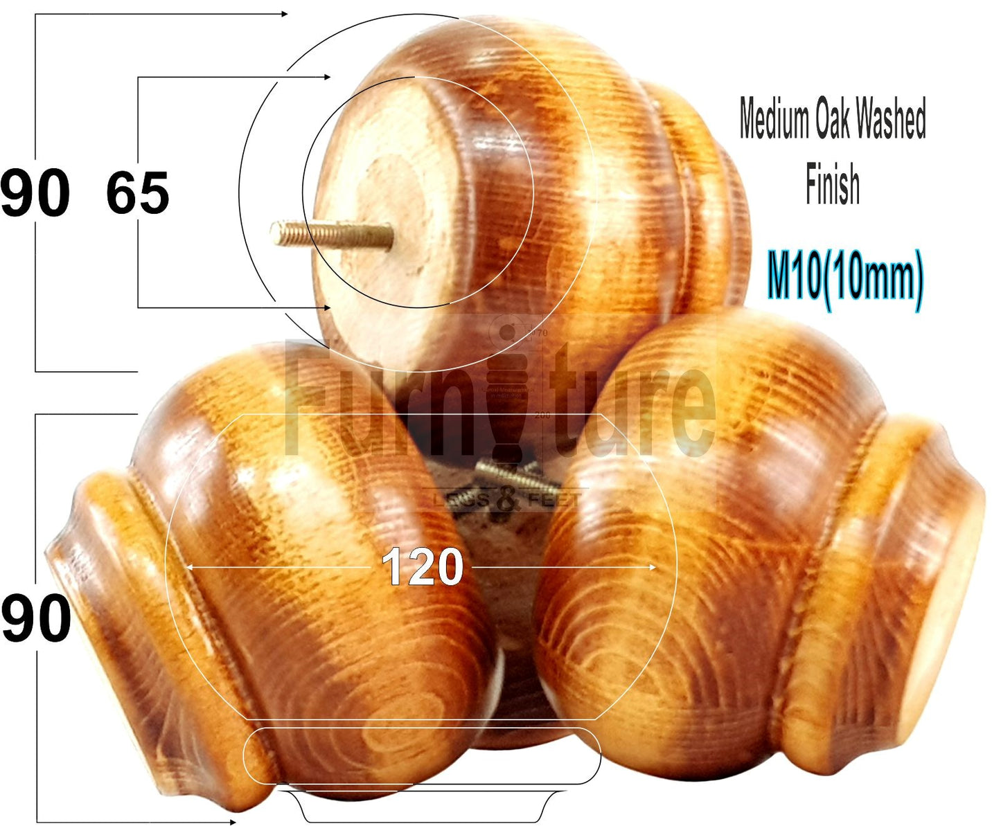  4 Turned Wooden Furniture Legs Replacement Feet 50mm High 10mm Thread For Settees, Chairs