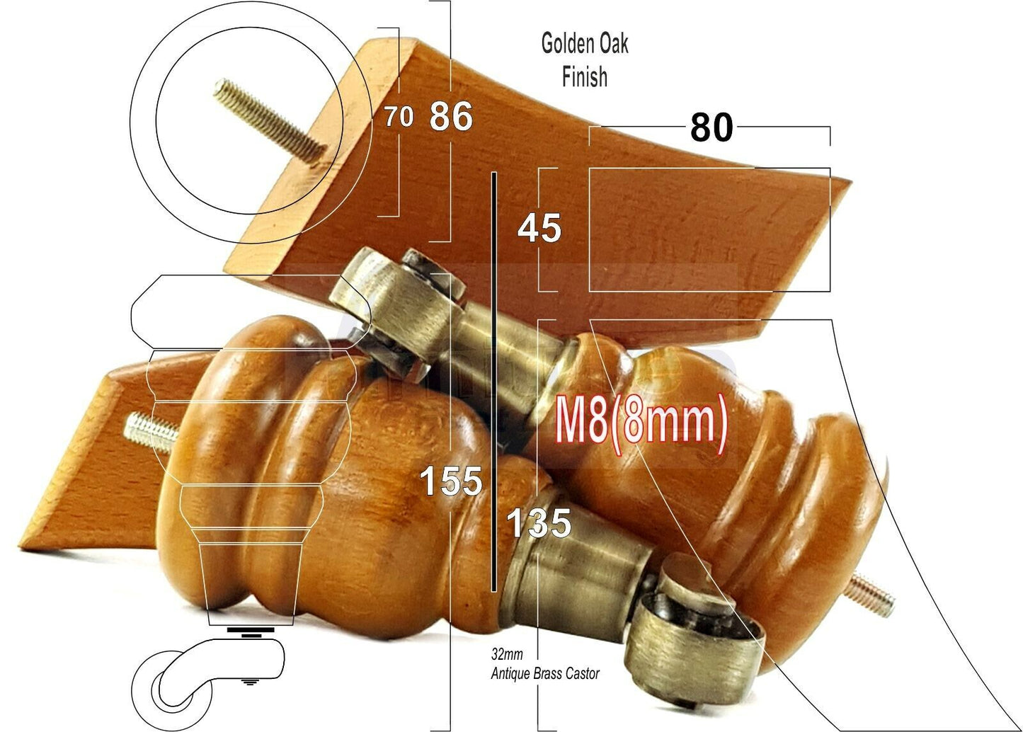  Golden Oak Turned Wood Furniture Feet 2 With Castors 155mm and 2 Curved Back Legs Sofas Chairs Stools Cabinets Beds M8 6 Inches