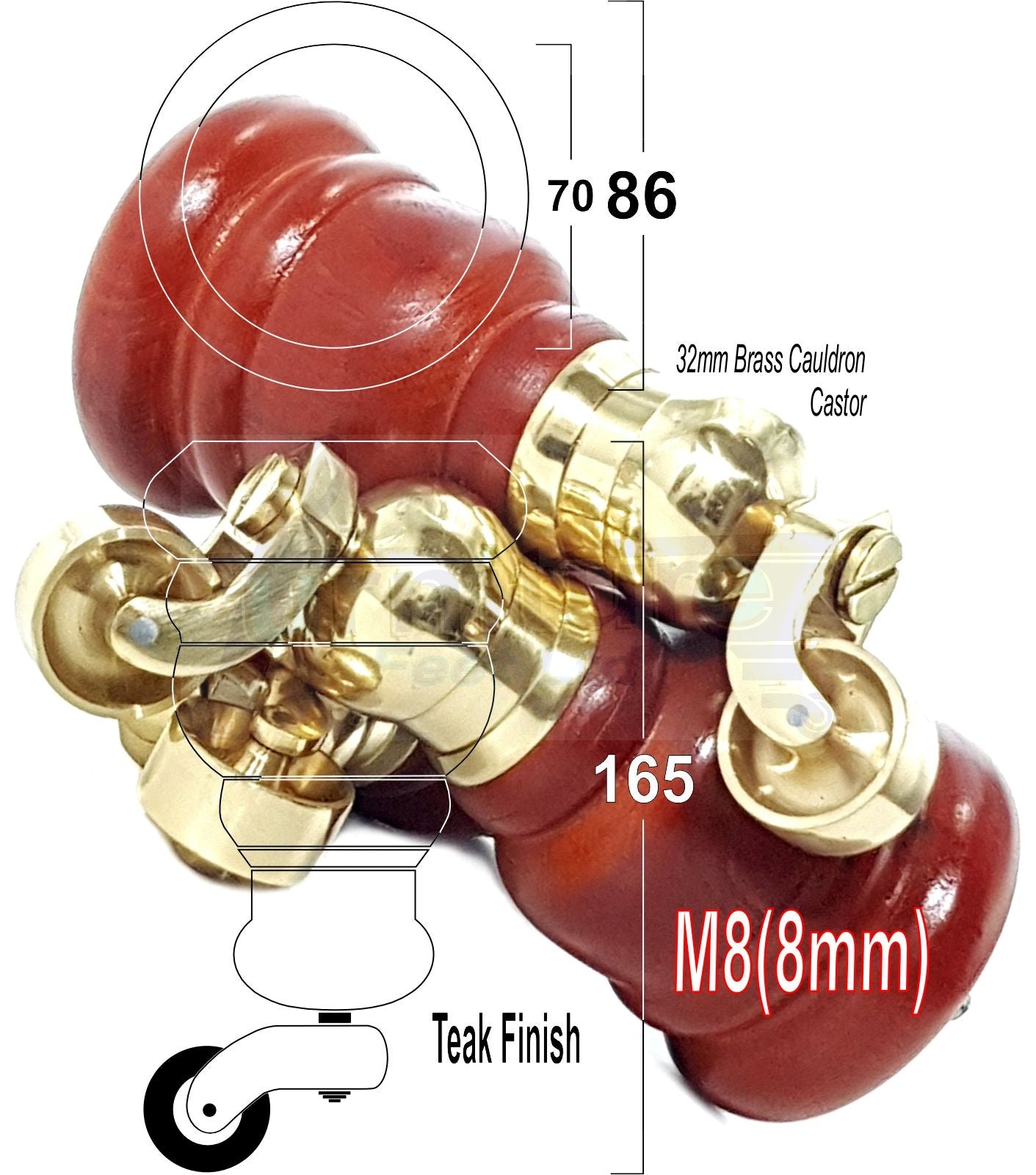 4 Turned Wood Furniture Feet With Brass Cauldron Castors 160mm Legs Sofas Chairs Stools Cabinets Beds M8 6 Inches