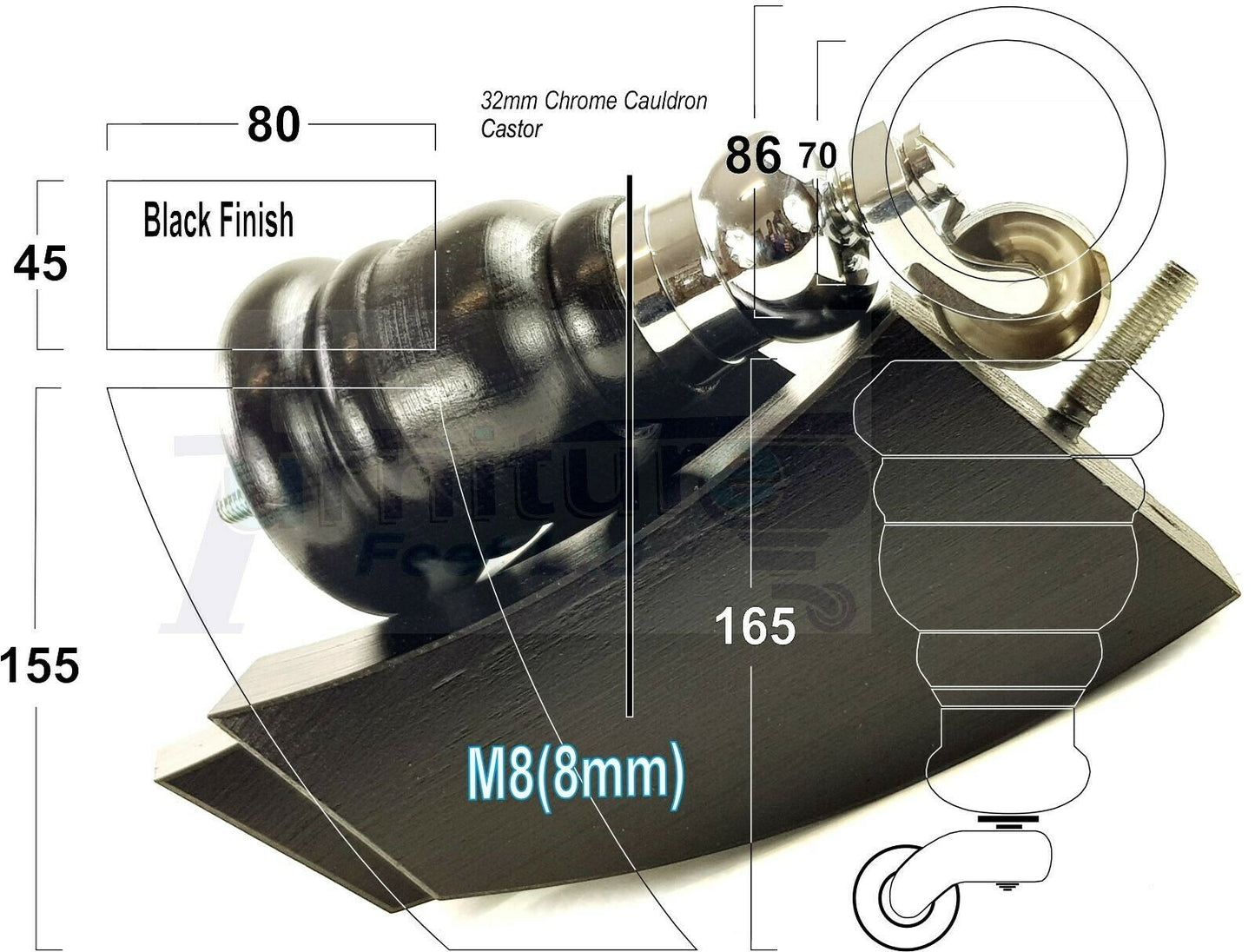 Black Turned Wood Furniture Feet 2 With Castors 155mm and 2 Curved Back Legs Sofas Chairs Stools Cabinets Beds M8 6 Inches