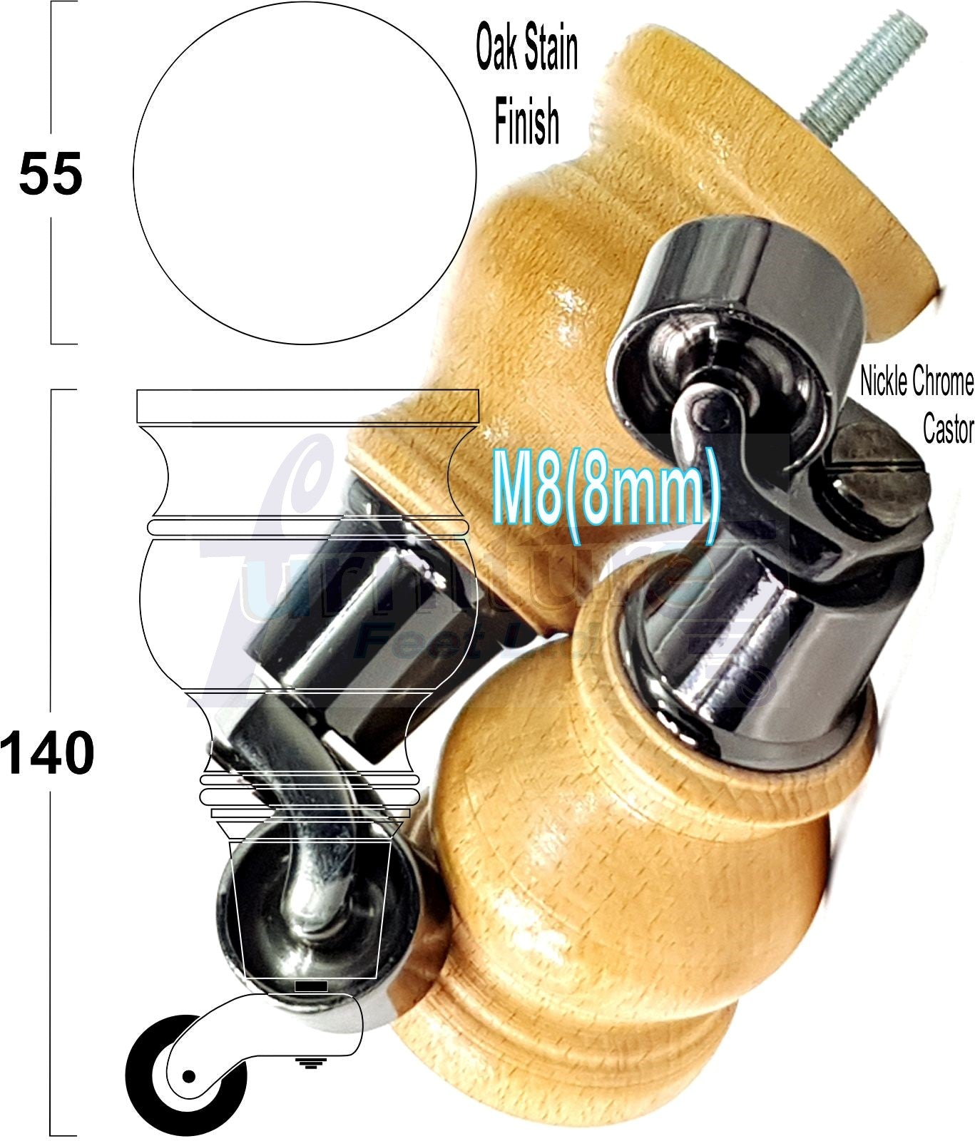 Set Of 4 Turned Wood Furniture Legs With 150mm High Castor 8mm Thread For Chairs Settees & Cabinets Oak Stain Finish