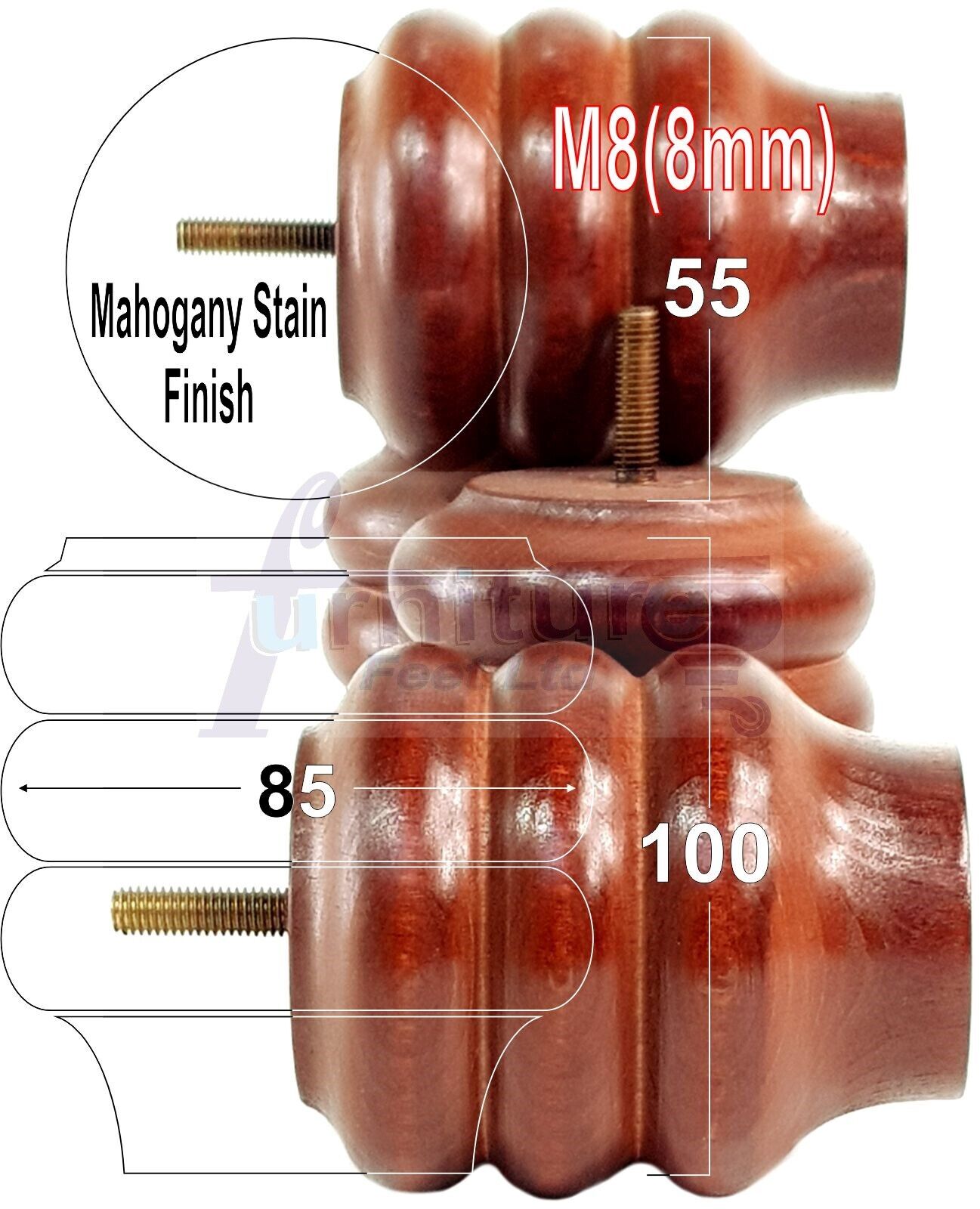 Set Of 4 Solid Wood Turned Furniture Legs Replacement Bun Feet 100mm High 8mm Thread