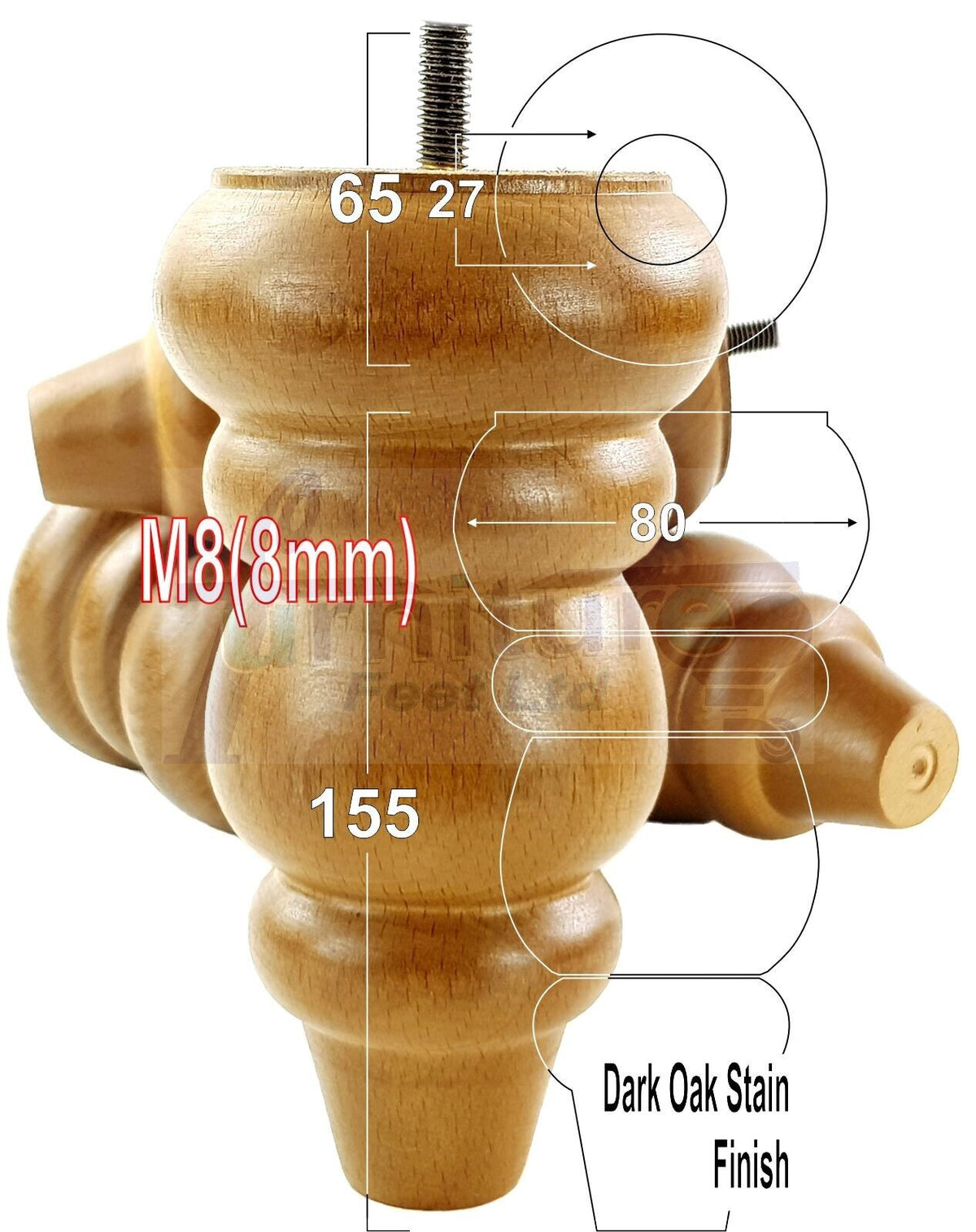 4 Solid Wood Turned Furniture Legs Round Repalcement Chair, Settee Feet 155mm 8mm Thread