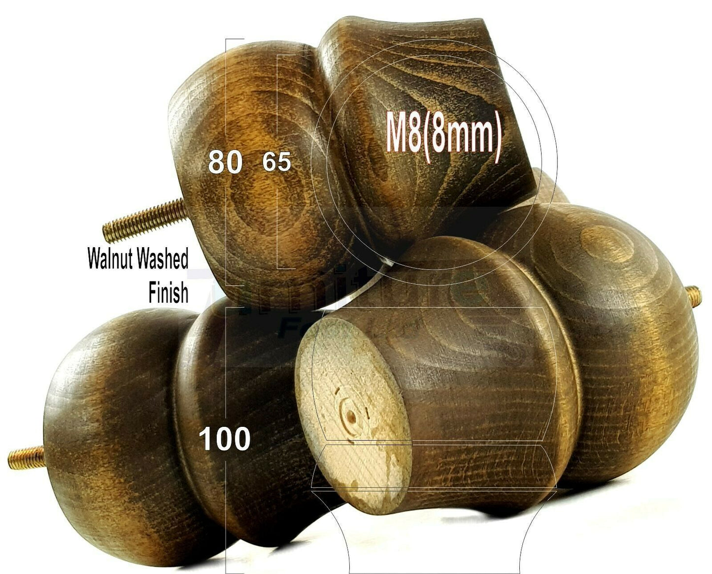 Set Of 4 Solid Wood Turned Furniture Legs Replacement Bun Feet 100mm High 8mm Thread  