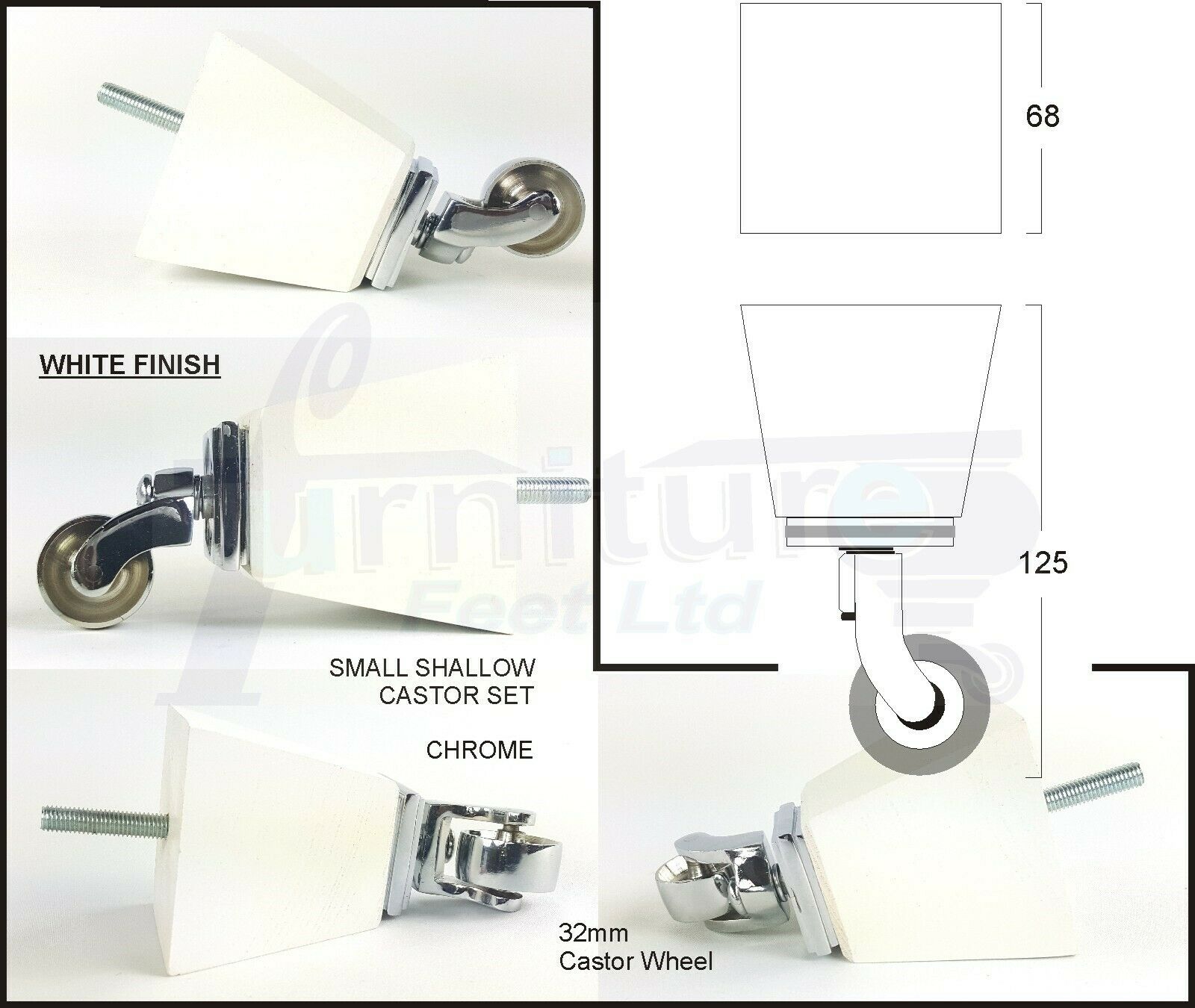 Set Of 4 Wooden Turned Replacement Furniture Legs 125mm High With Chrome Castor Wheels 8mm Thread