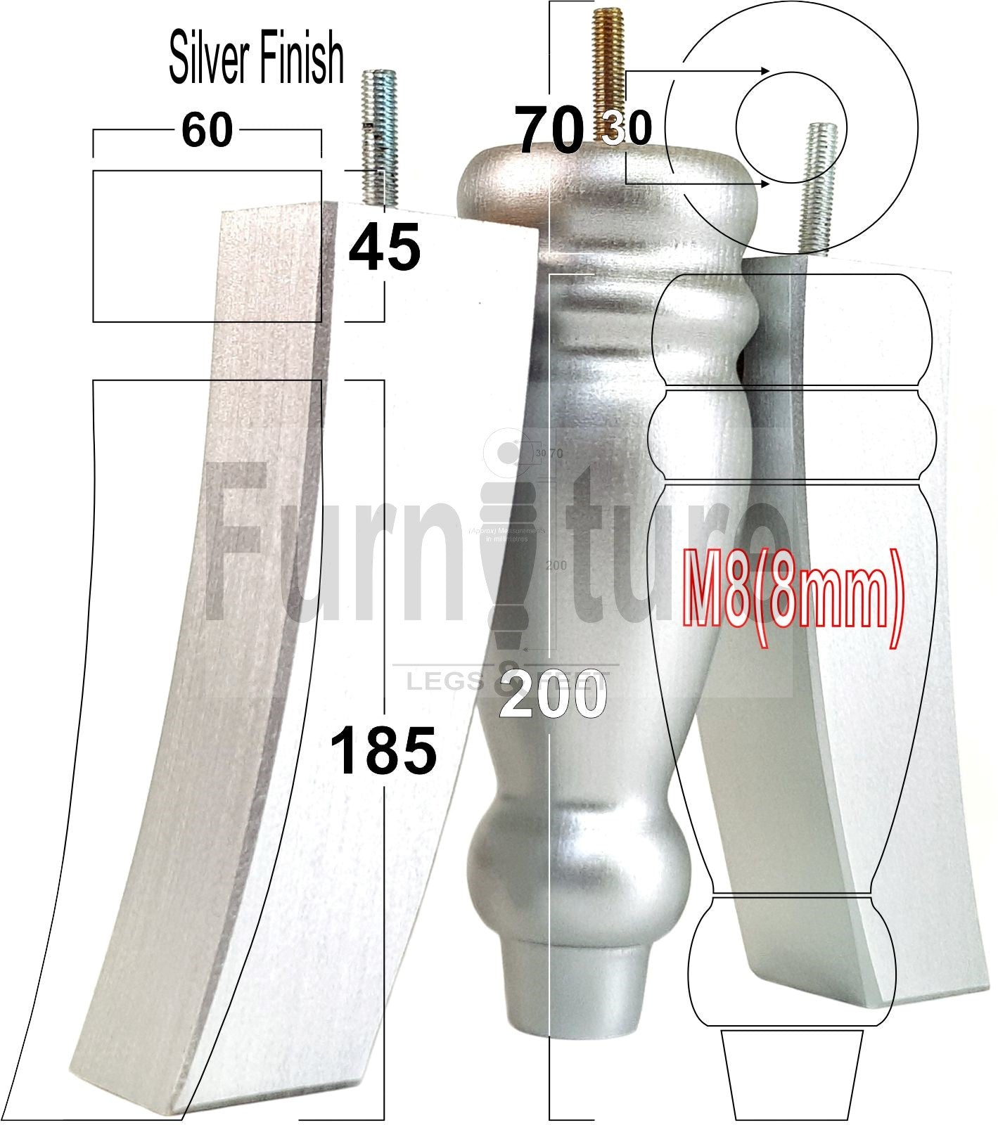 2 Traditional Turned Furniture Feet Replacement Sofa Legs 200mm & 2 Curved Back Legs 185mm for Chairs Stools Sofa Beds Settee Cabinets M8