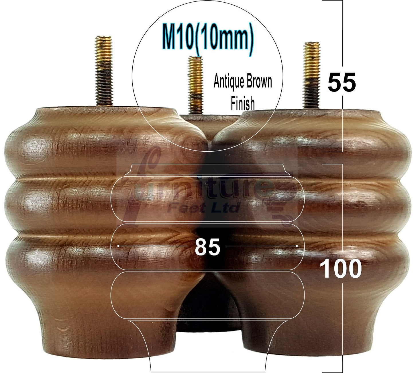 4 Solid Wood Turned Furniture Legs Replacement Bun Feet 100mm High 10mm Thread
