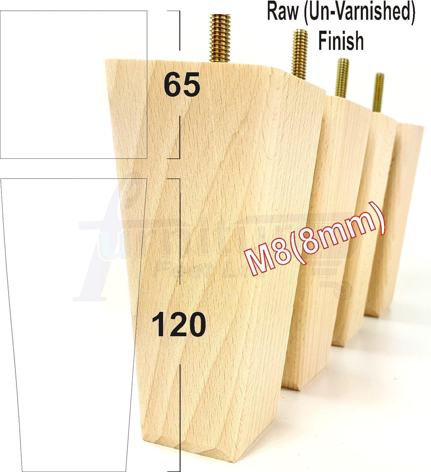 4x Wooden Furniture Legs 120mm High Replacement Square Tapered Feet 8mm