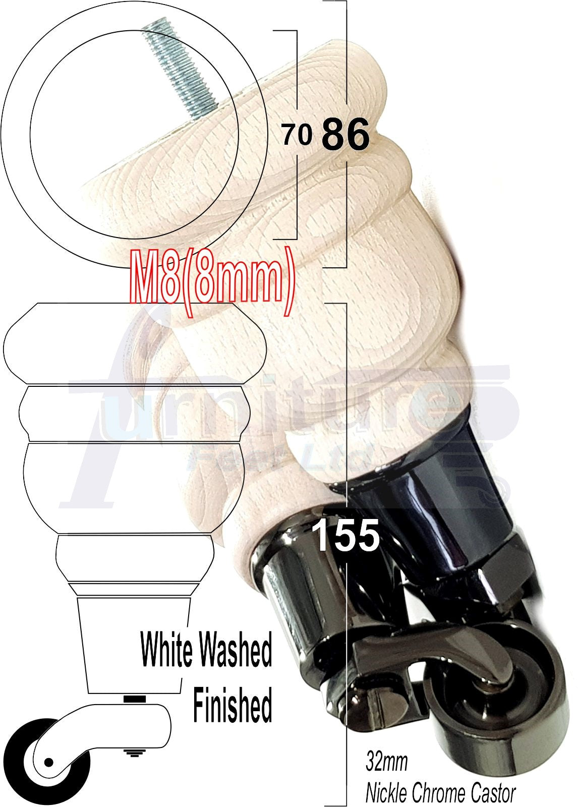 4 Turned Wood Furniture Feet With Black Chrome Castors 155mm Legs Sofas Chairs Stools Cabinets Beds M8 6 Inches