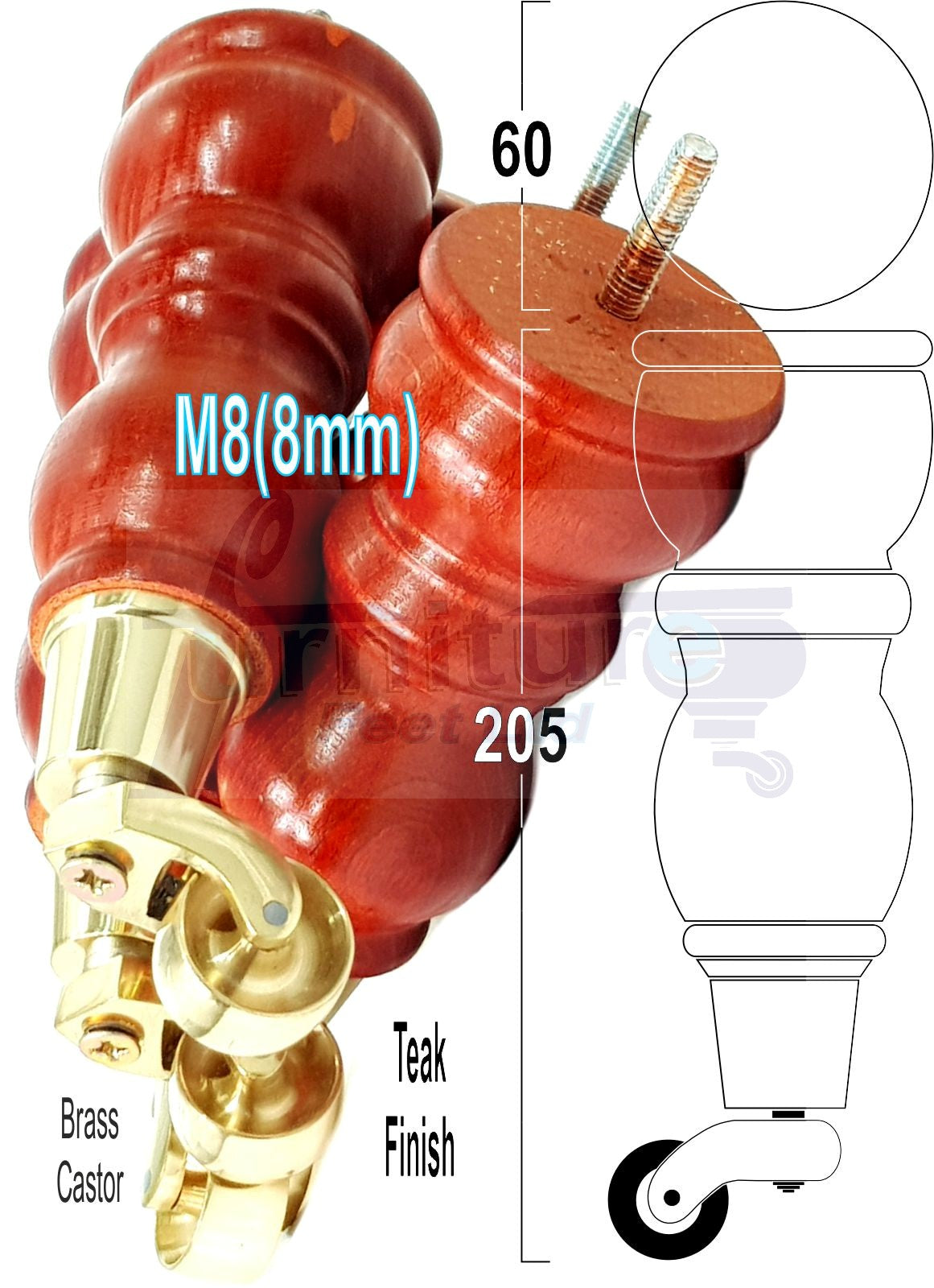 Solid Wood Furniture Feet With Castors Set of 4 Legs 205mm High For Sofas Chairs Stools Cabinets & Beds M8