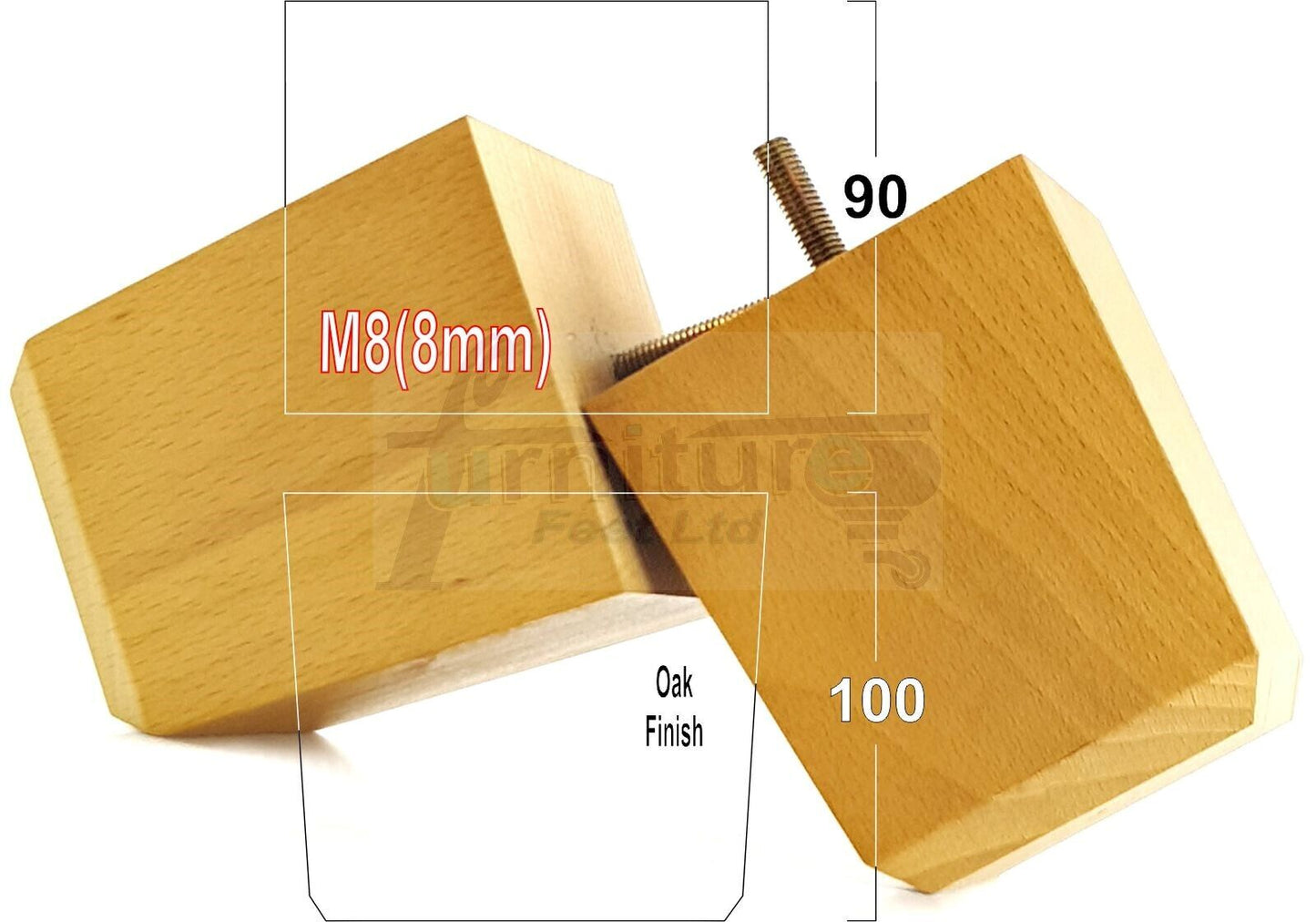 4x Solid Wood Square Furniture Legs Block Replacement Feet 100mm M8(8mm)