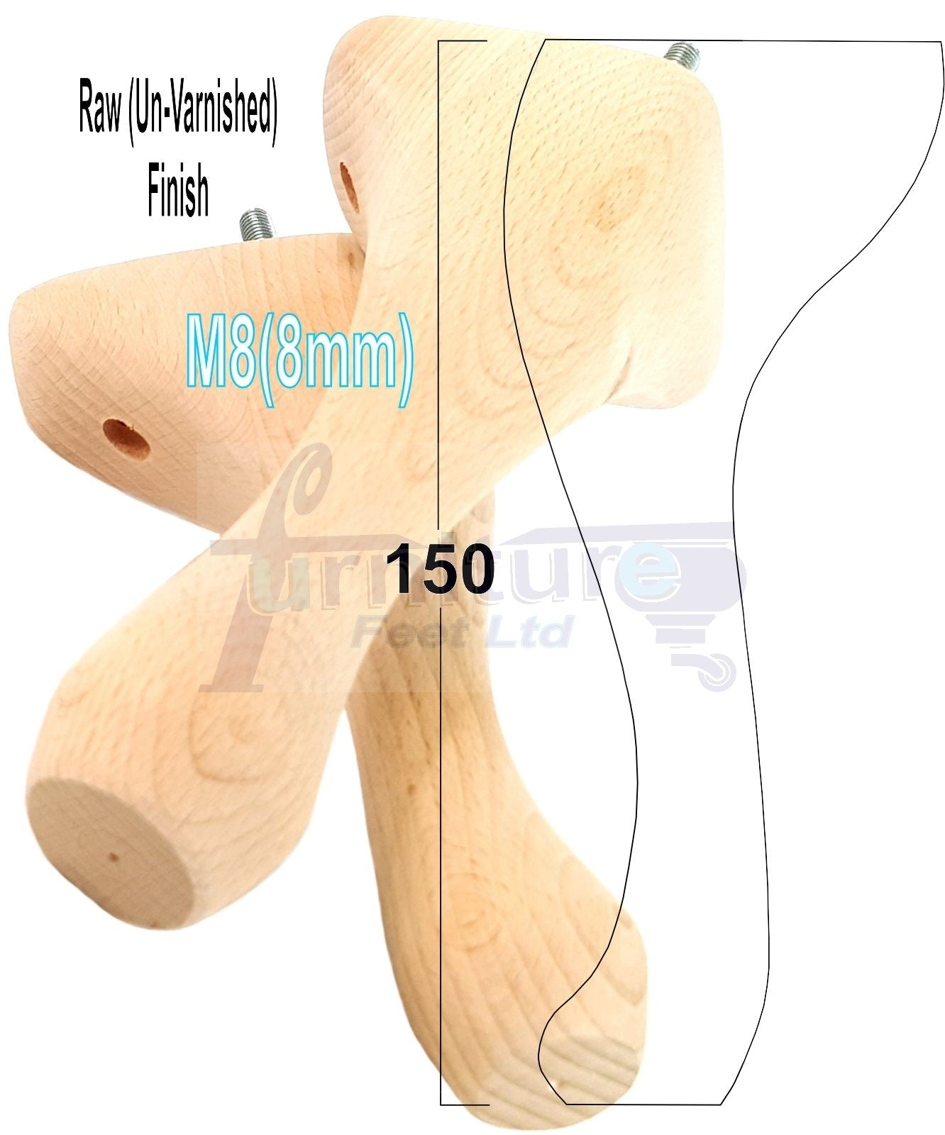 4 Solid Wood Furniture Feet 150mm High Queen Anne Replacement Legs M8 (8mm) 6 Inches Chair Stools Bed Sofa Georgian Style