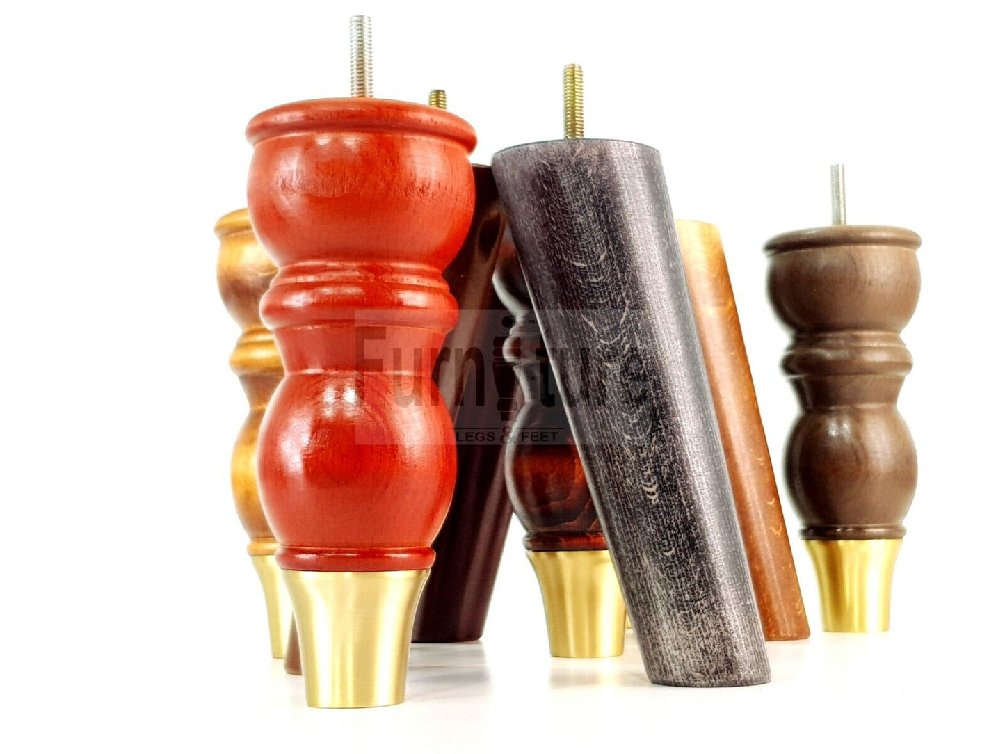 4x Wooden Furniture Feet 2x With Brass Slipper Cup 182mm High Legs M8 Sofas Chairs Settees Cabinets