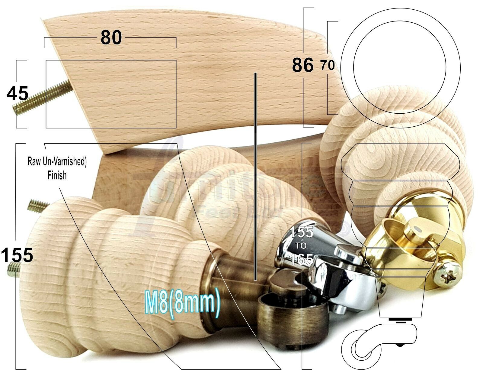 Turned Raw Wood Furniture Feet 2 With Castors 155mm and 2 Curved Back Legs Sofas Chairs Stools Cabinets Beds M8 6 Inches