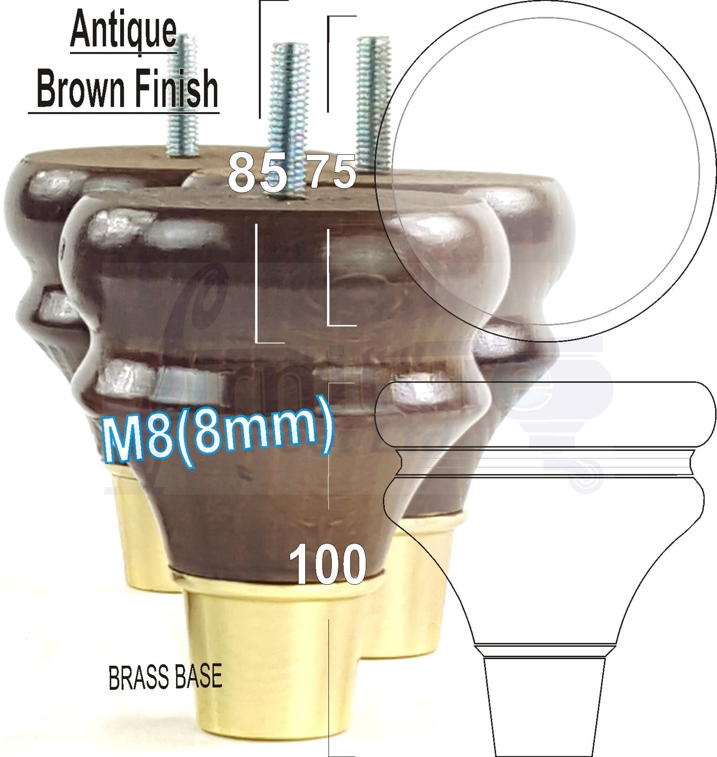 4x Turned Wood Furniture Feet M8(8mm) With Slipper Cup Chair Sofa Settee Legs 110mm