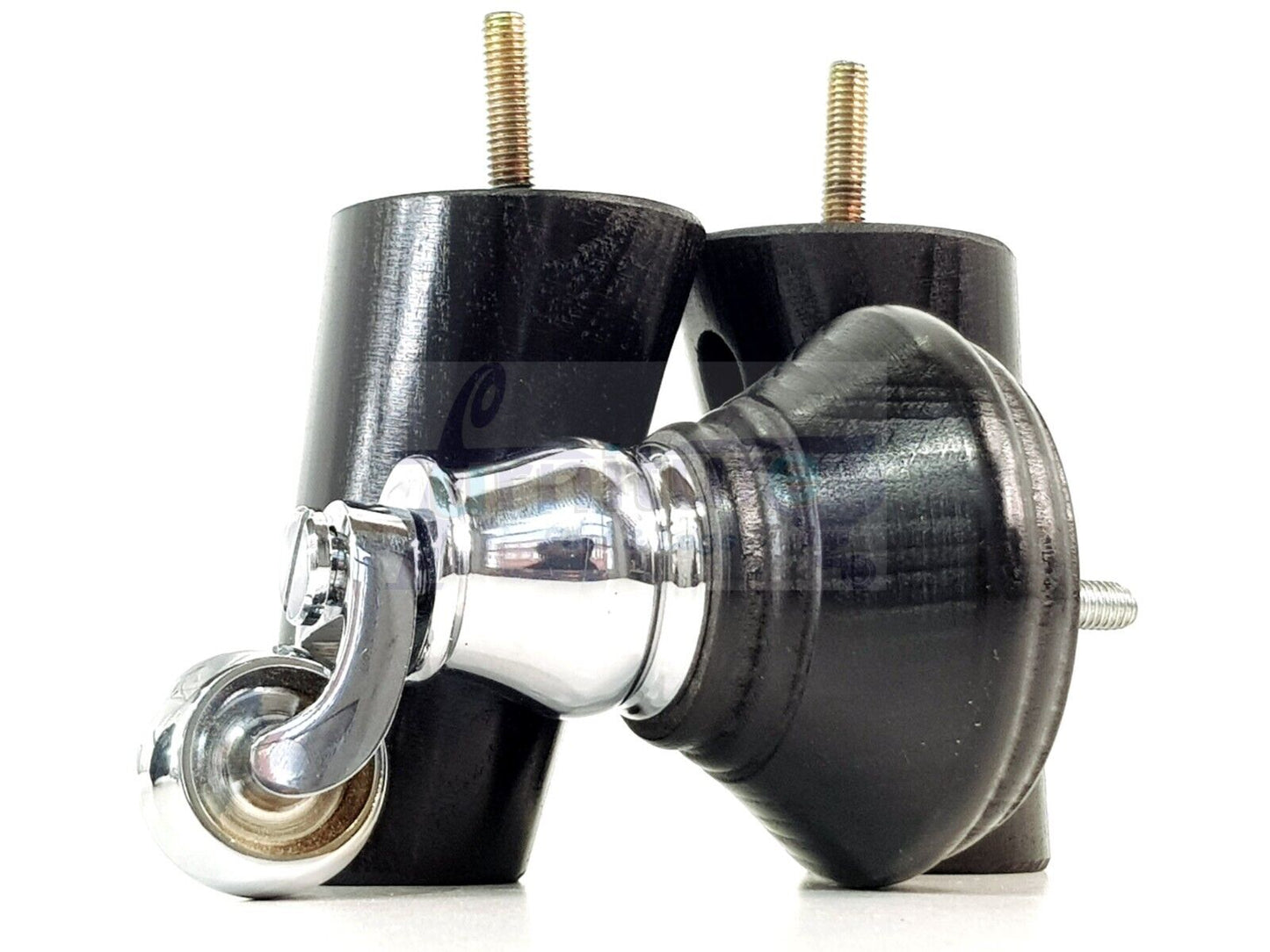 2 Black Wood Furniture Sofa Legs With Castor 125mm & 2 Angled Back Feet Chair Settee 100mm High M8