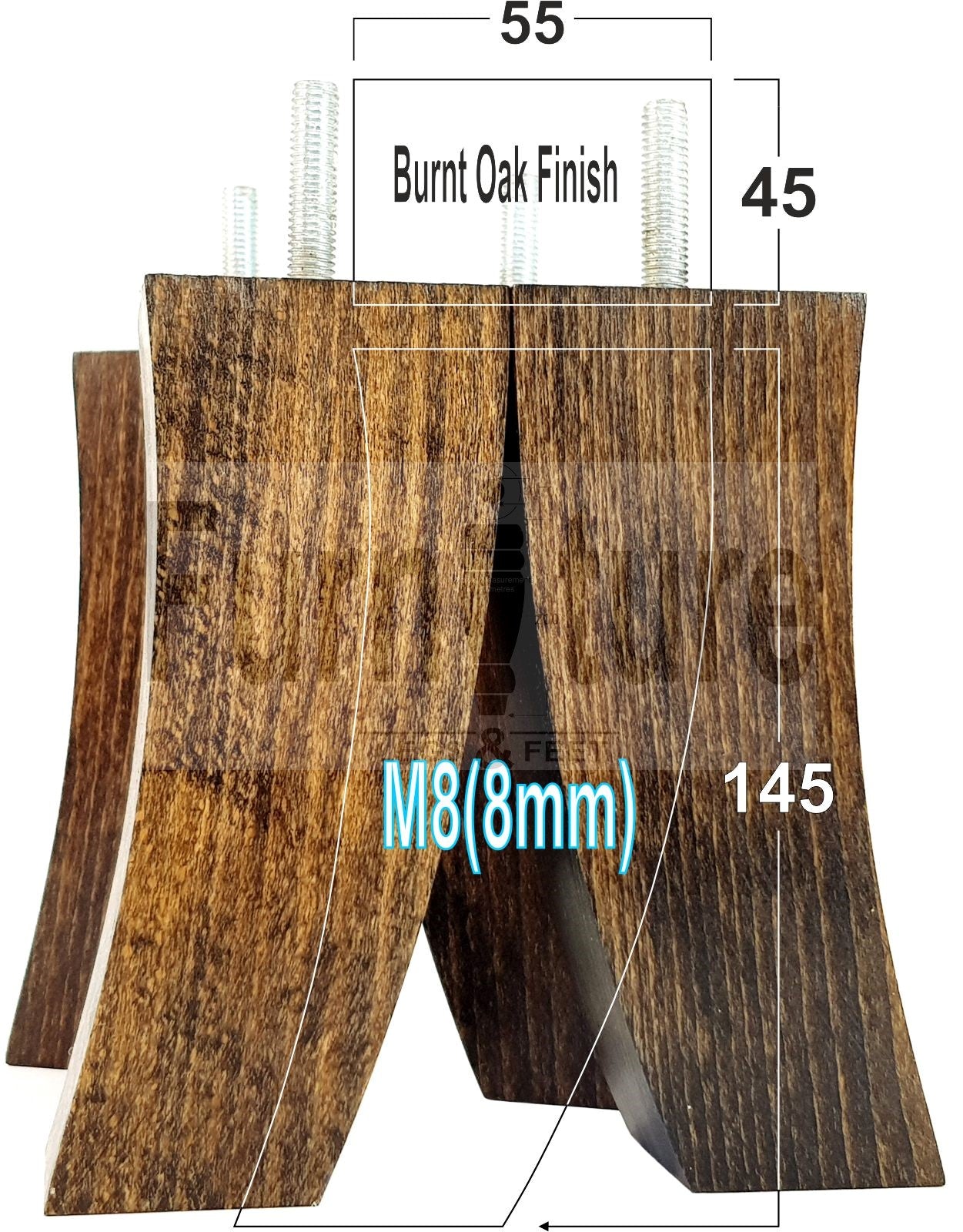 Set Of 4 Solid Wood Curved Furniture Feet Replacement Legs 145mm High M8(8mm)