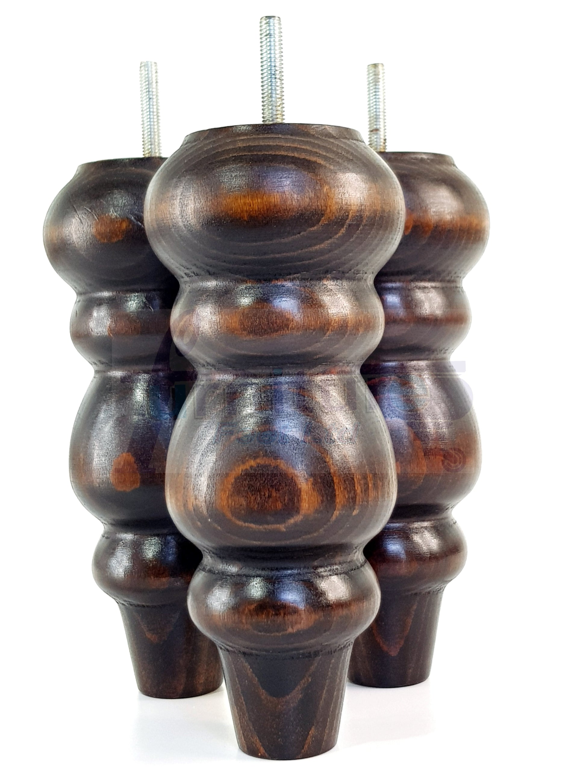 4 Solid Wood Furniture Legs Replacement Turned Feet 200mm High M8(8mm) Thread: Dark Walnut Washed