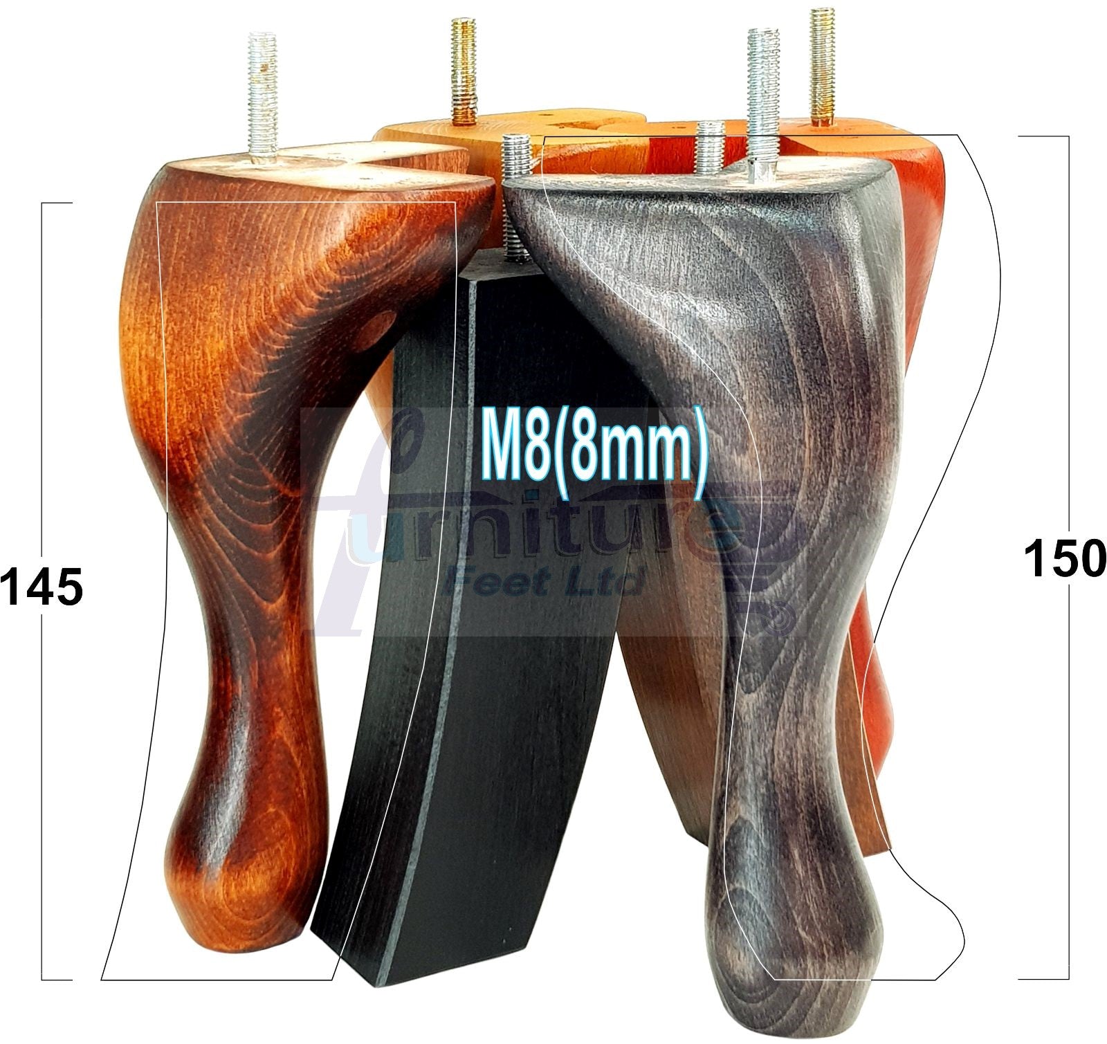 2x Vintage Queen Anne Replacement Furniture Legs & 2x Curved Back Feet 150mm 6 Inch High 8mm Thread