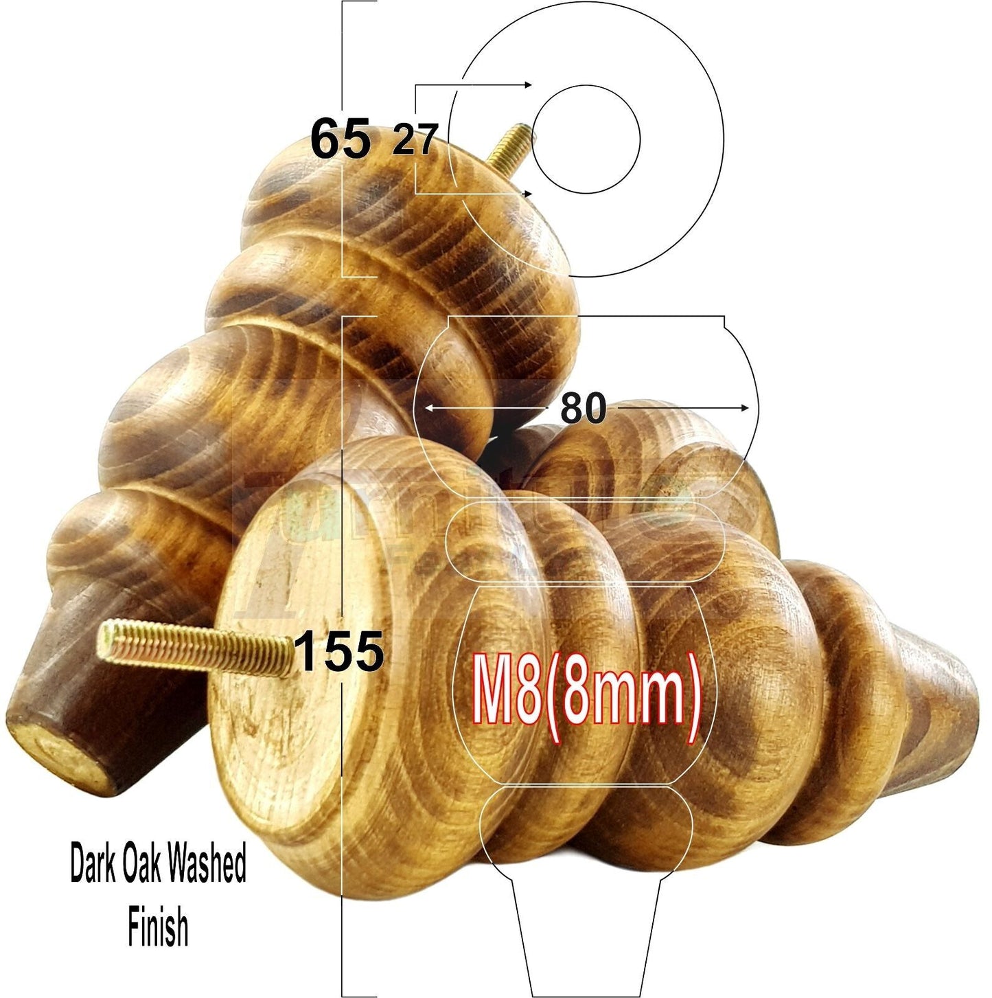 4 Solid Turned Wood Furniture Sofa Leg M8 Chair Settee Footstool Feet 155mm High