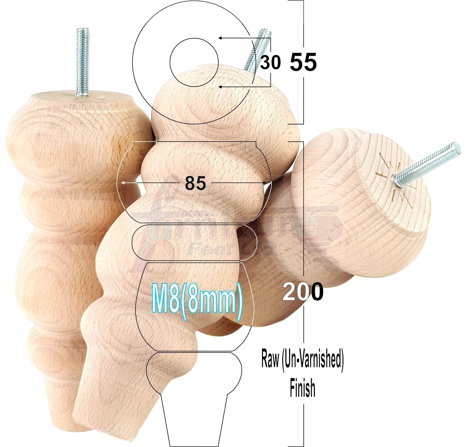 Solid Wood Furniture Feet Replacement Turned Legs 200mm High Chairs Stools Sofa's Beds Settee Cabinets M8 Various Colours Set of 4