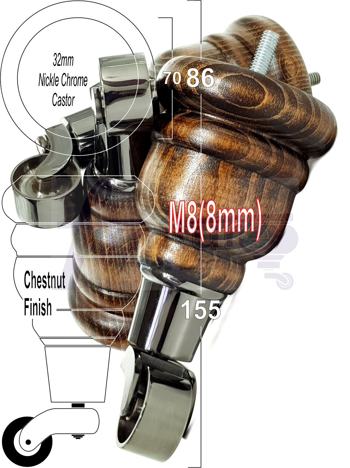 4 Turned Wood Furniture Feet With Black Chrome Castors 155mm Legs Sofas Chairs Stools Cabinets Beds M8 6 Inches