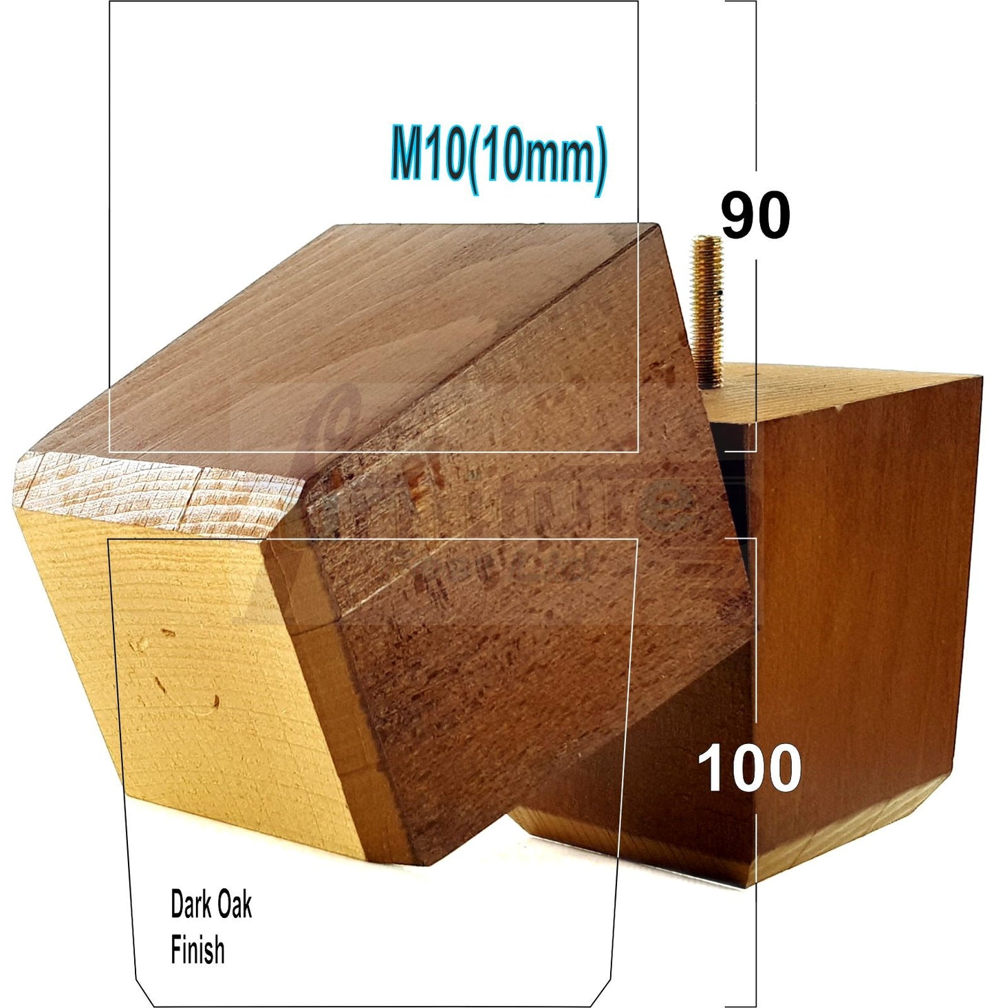 4x Solid Wood Square Furniture Legs Block Replacement Feet 100mm M10 Thread