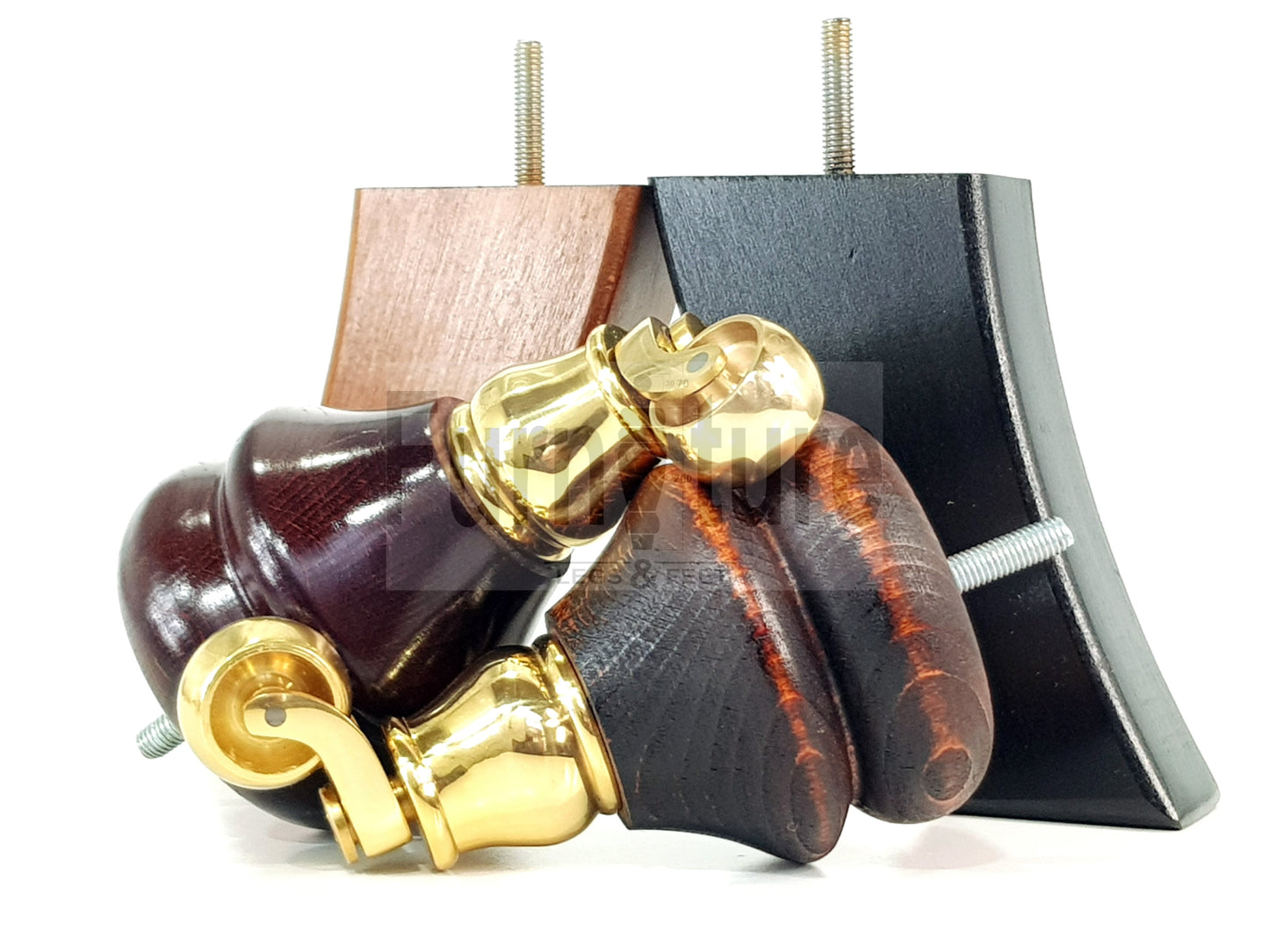 Turned Wood Furniture Feet 2 With Brass Castors 140mm & 2 Curved Back Legs Sofas Cabinets Beds 8mm Thread