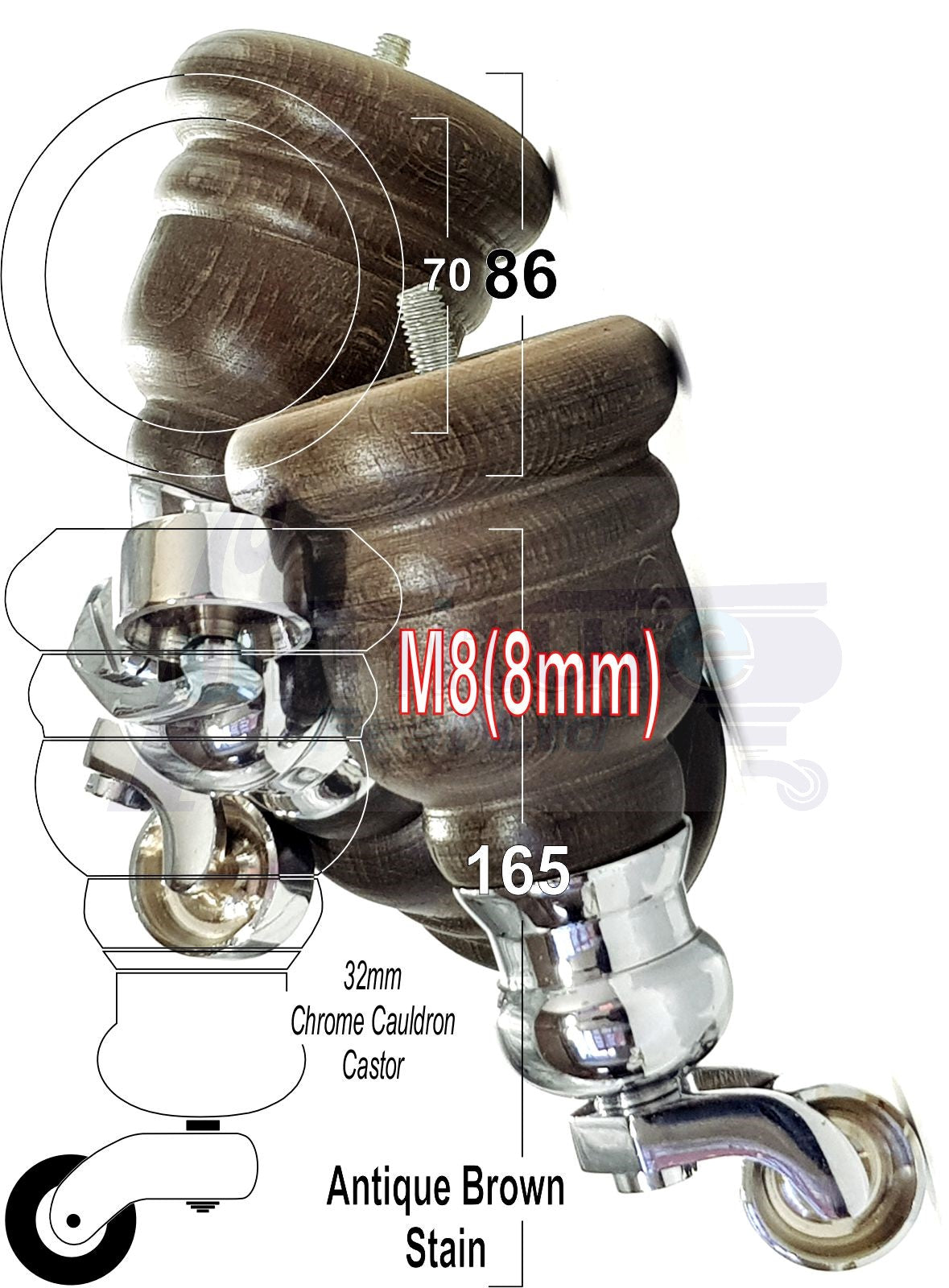 4 Turned Wood Furniture Feet With Chrome Cauldron Castors 155mm Legs Sofas Chairs Stools Cabinets Beds M8 6 Inches