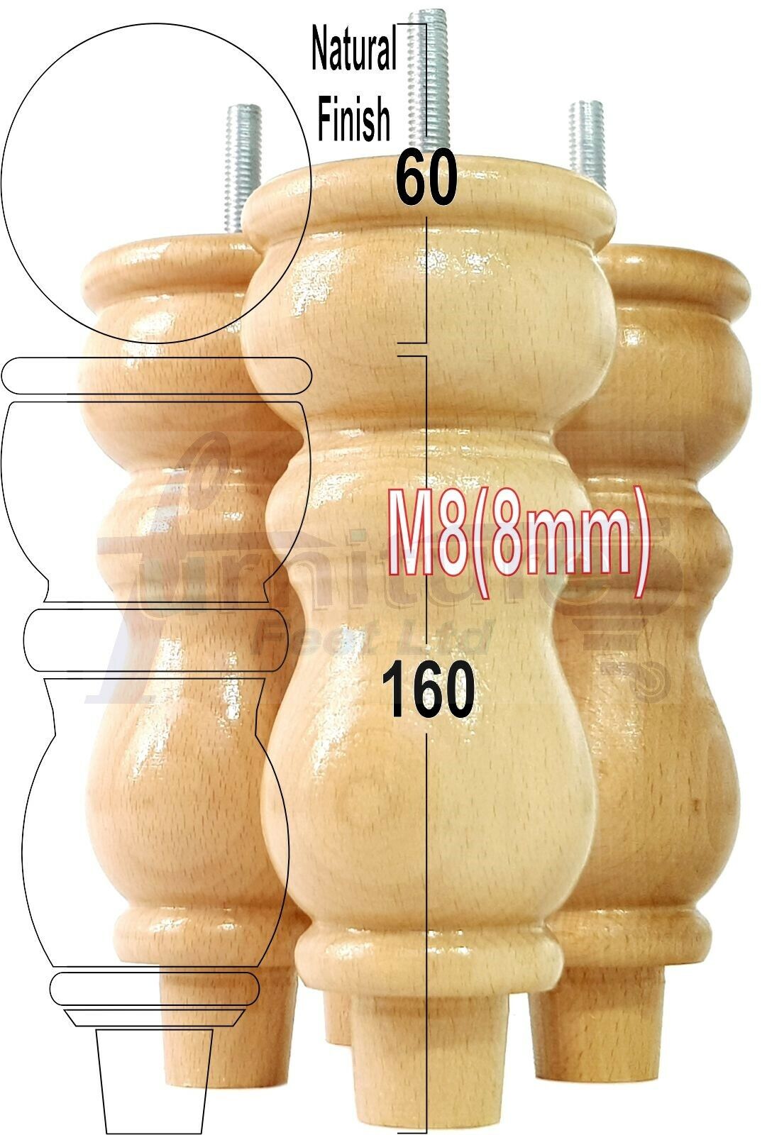 Solid Wood Furniture Feet Set of 4 Legs 160mm High For Sofas Chairs Stools Cabinets & Beds M8