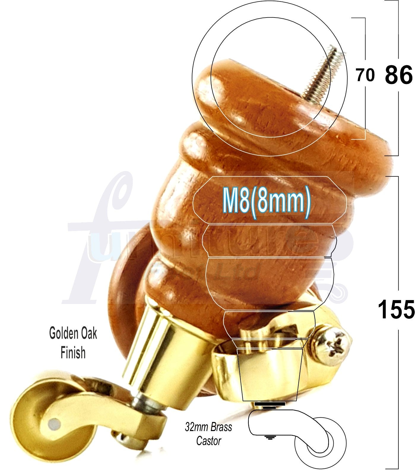 4 Turned Wood Furniture Feet With Brass Castors 155mm Legs Sofas Chairs Stools Cabinets Beds M8 6 Inches