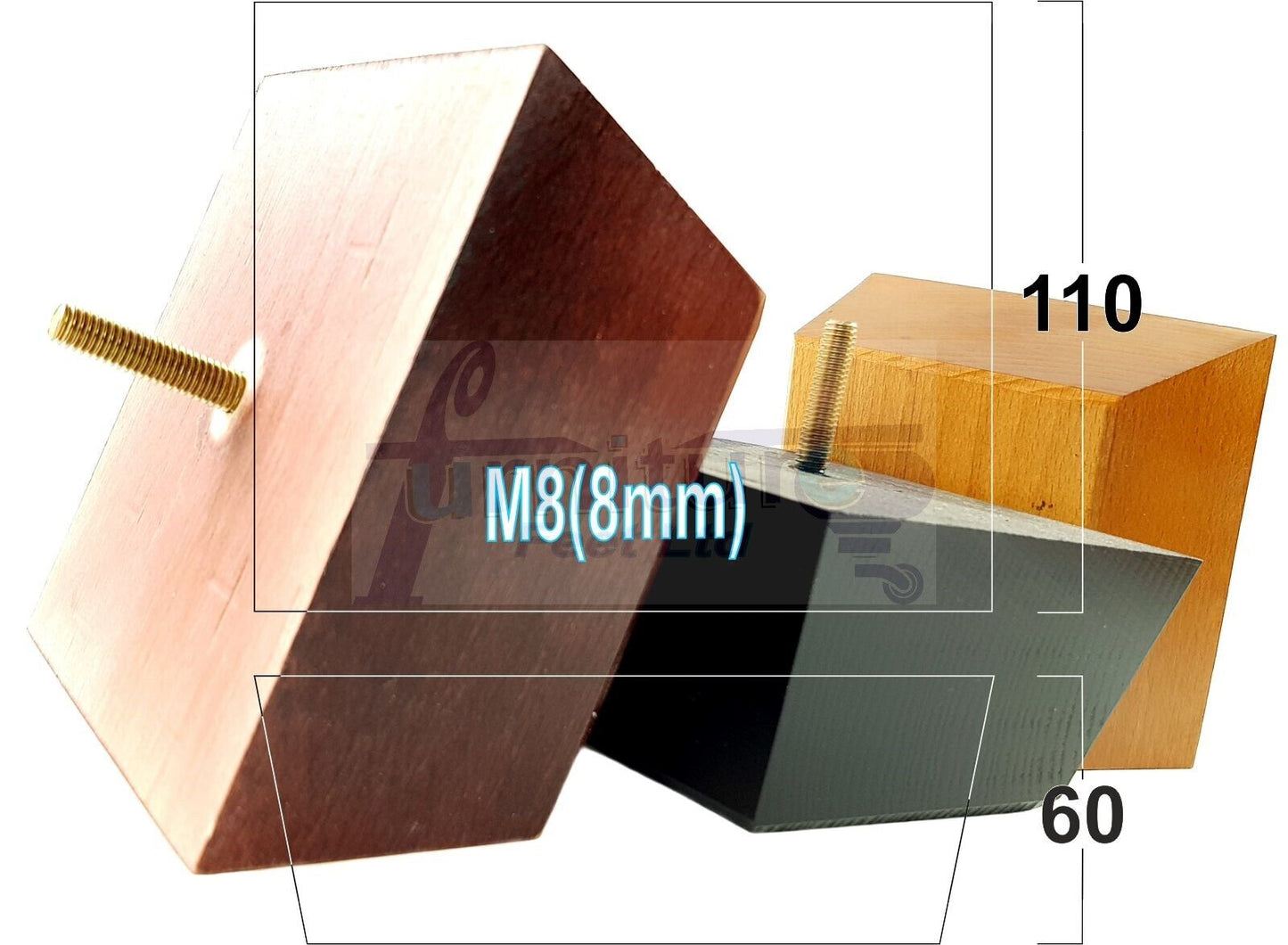 4x Square Wood Sofa Legs 60mm High Replacement Furniture Feet Chairs Cabinets M8