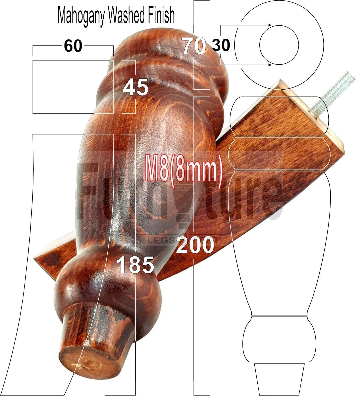 2 Traditional Turned Furniture Feet Replacement Sofa Legs 200mm & 2 Curved Back Legs 185mm for Chairs Stools Sofa Beds Settee Cabinets M8
