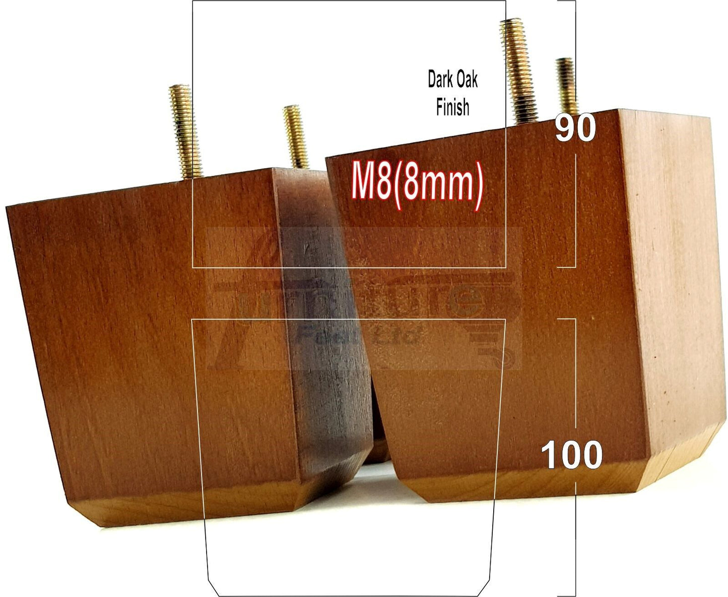 4x Solid Wood Square Furniture Legs Block Replacement Feet 100mm M8(8mm)
