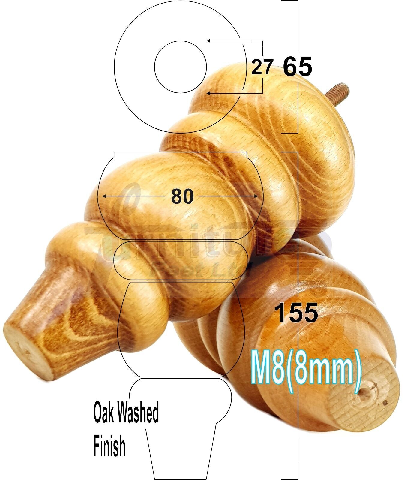 4 Solid Turned Wood Furniture Sofa Leg M8 Chair Settee Footstool Feet 155mm High