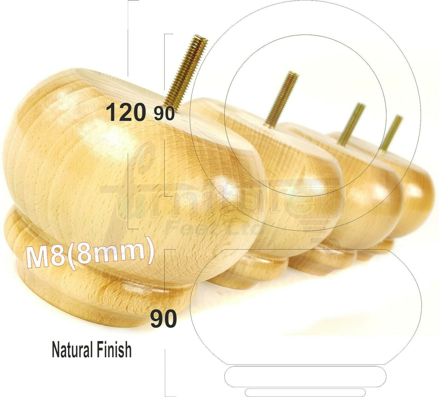 Set Of 4 Turned Wooden Furniture Legs Replacement Feet 90mm High 8mm Thread
