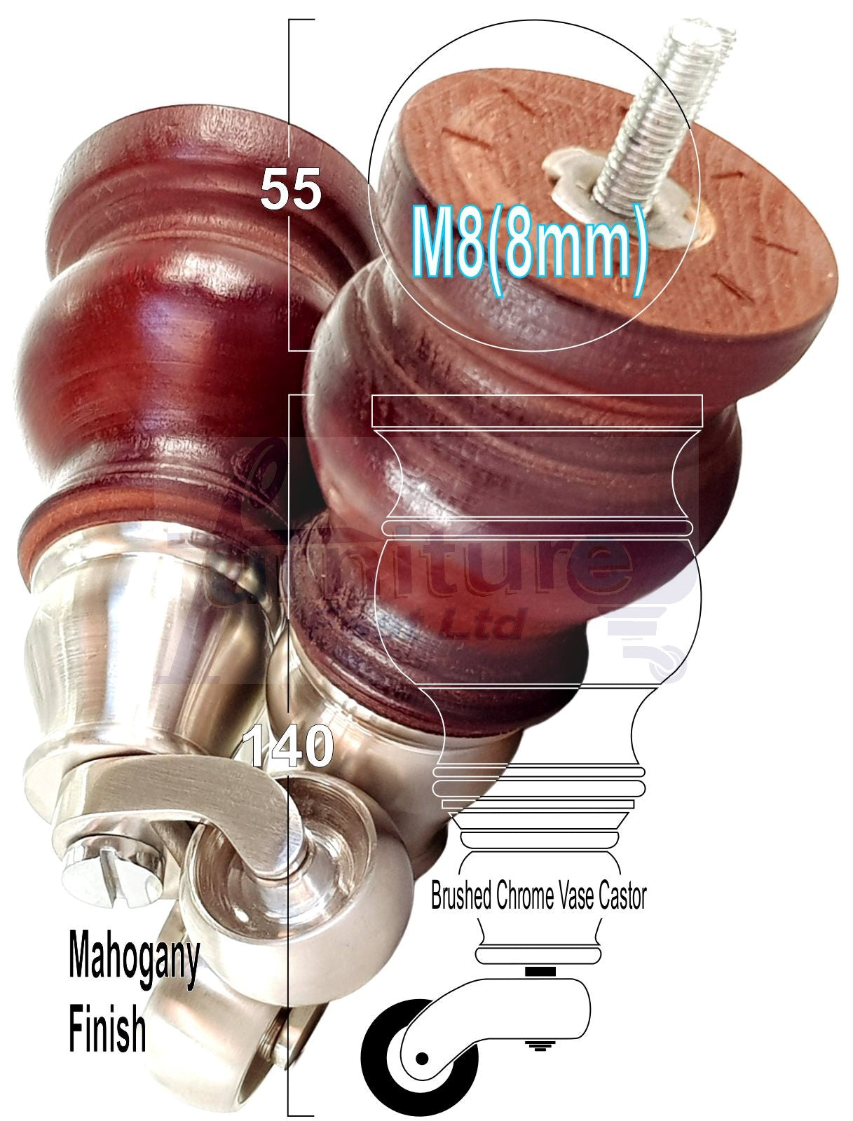Set Of 4 Turned Wood Furniture Legs With140mm High Castor 8mm Thread For Chairs Settees & Cabinets