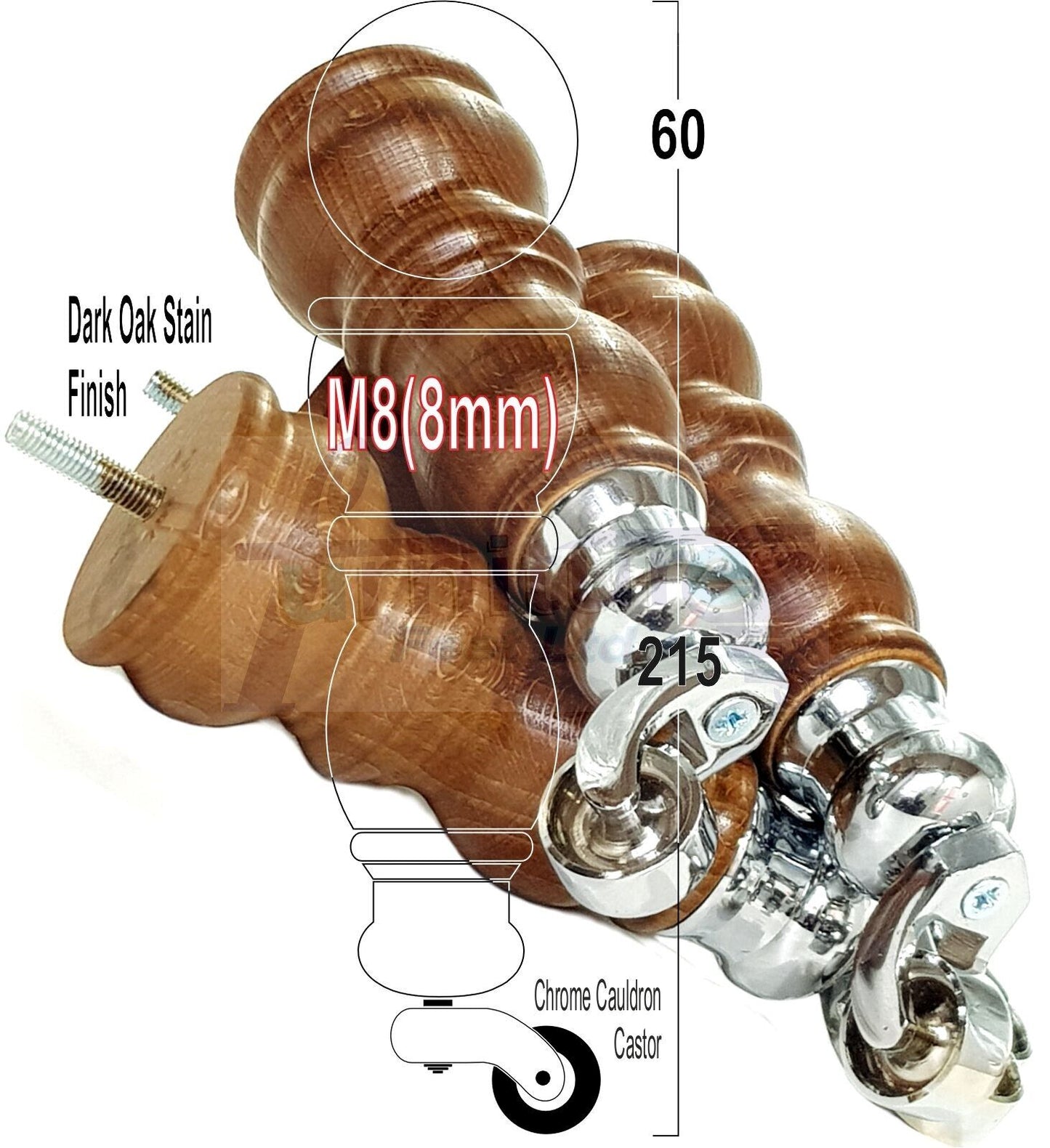 4x Furniture Feet With Castor 205mm High Legs Dark Oak Wood M8 Sofas Chairs Stools Cabinets 8 Inches Tall