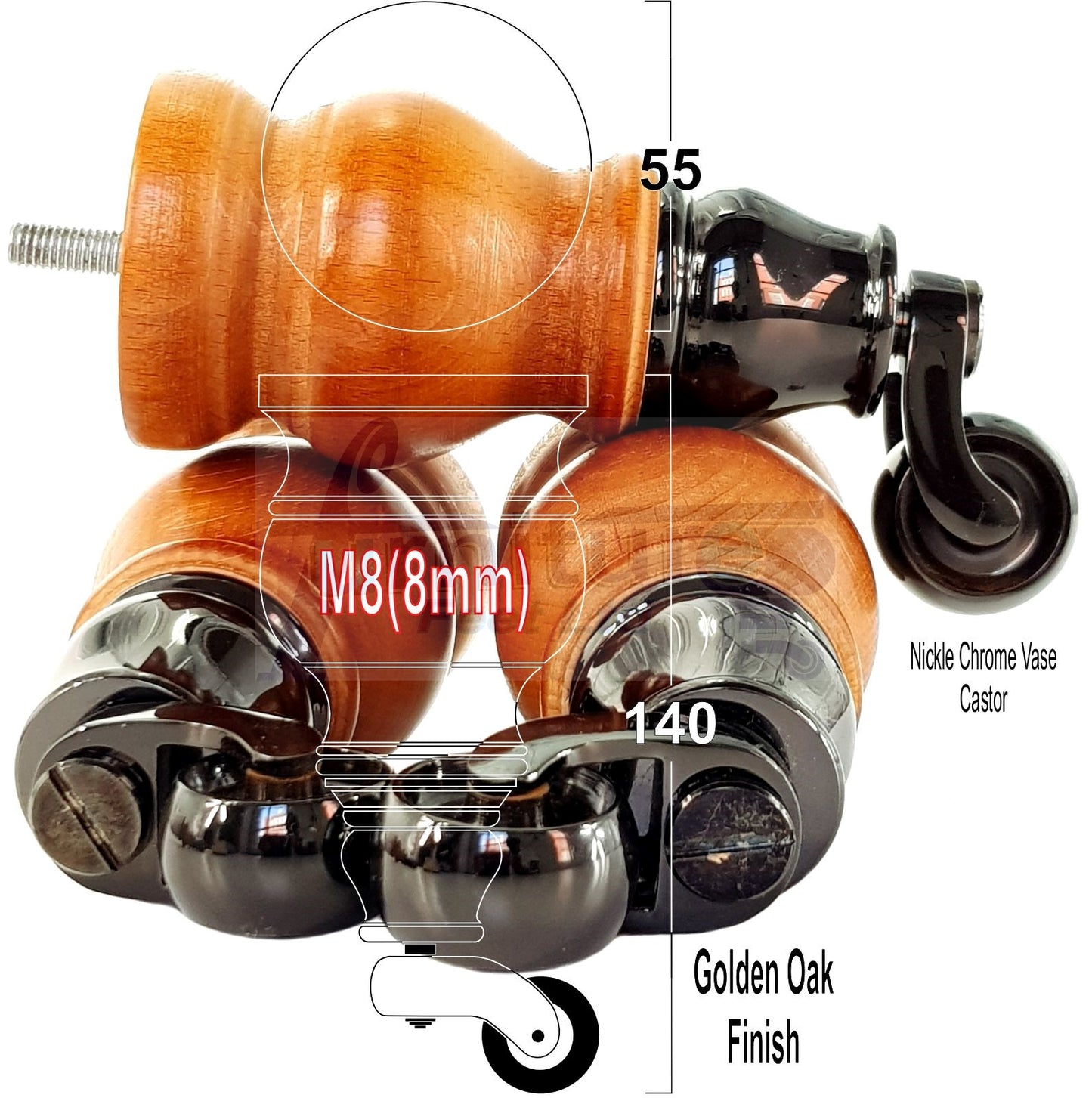 Set Of 4 Turned Wood Furniture Legs With 150mm High Castor 8mm Thread For Chairs Settees & Cabinets Golden Oak Finish