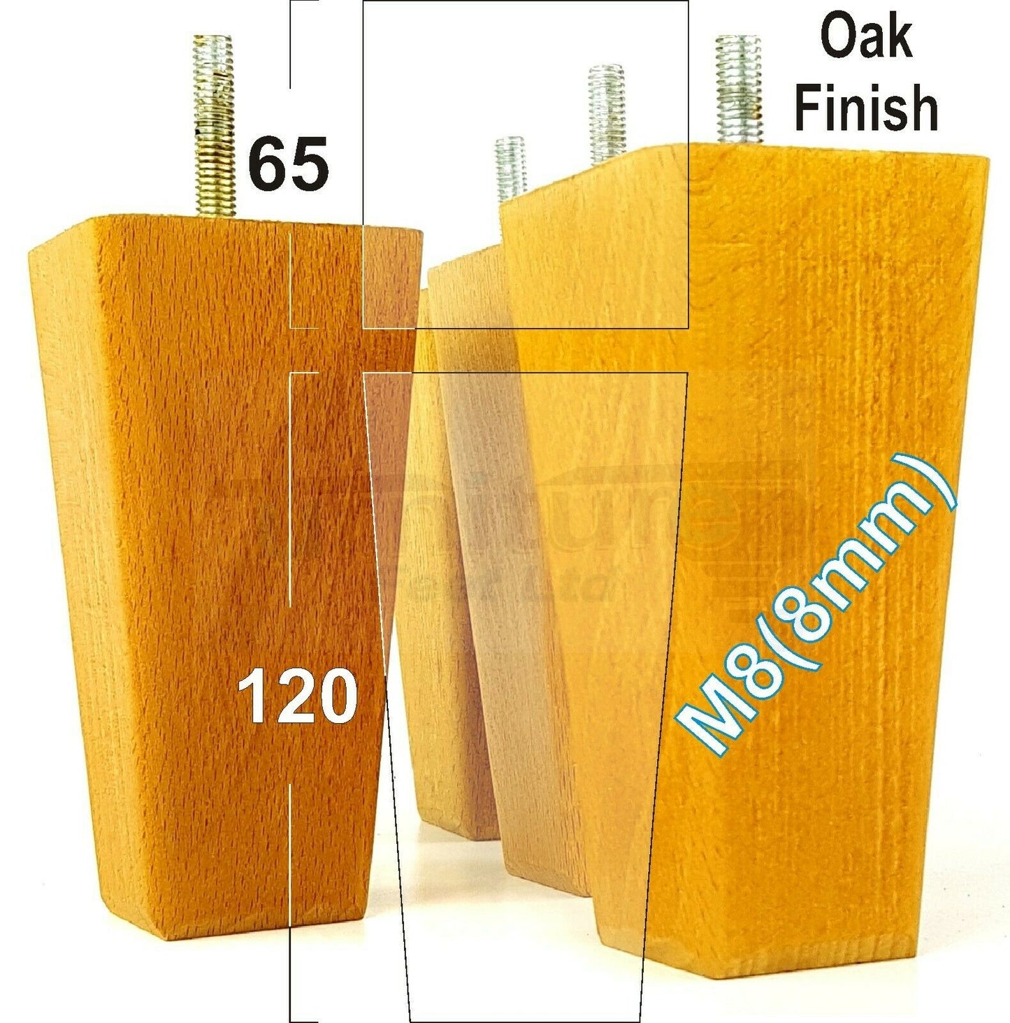 4x Wooden Furniture Legs 120mm High Replacement Square Tapered Feet 8mm