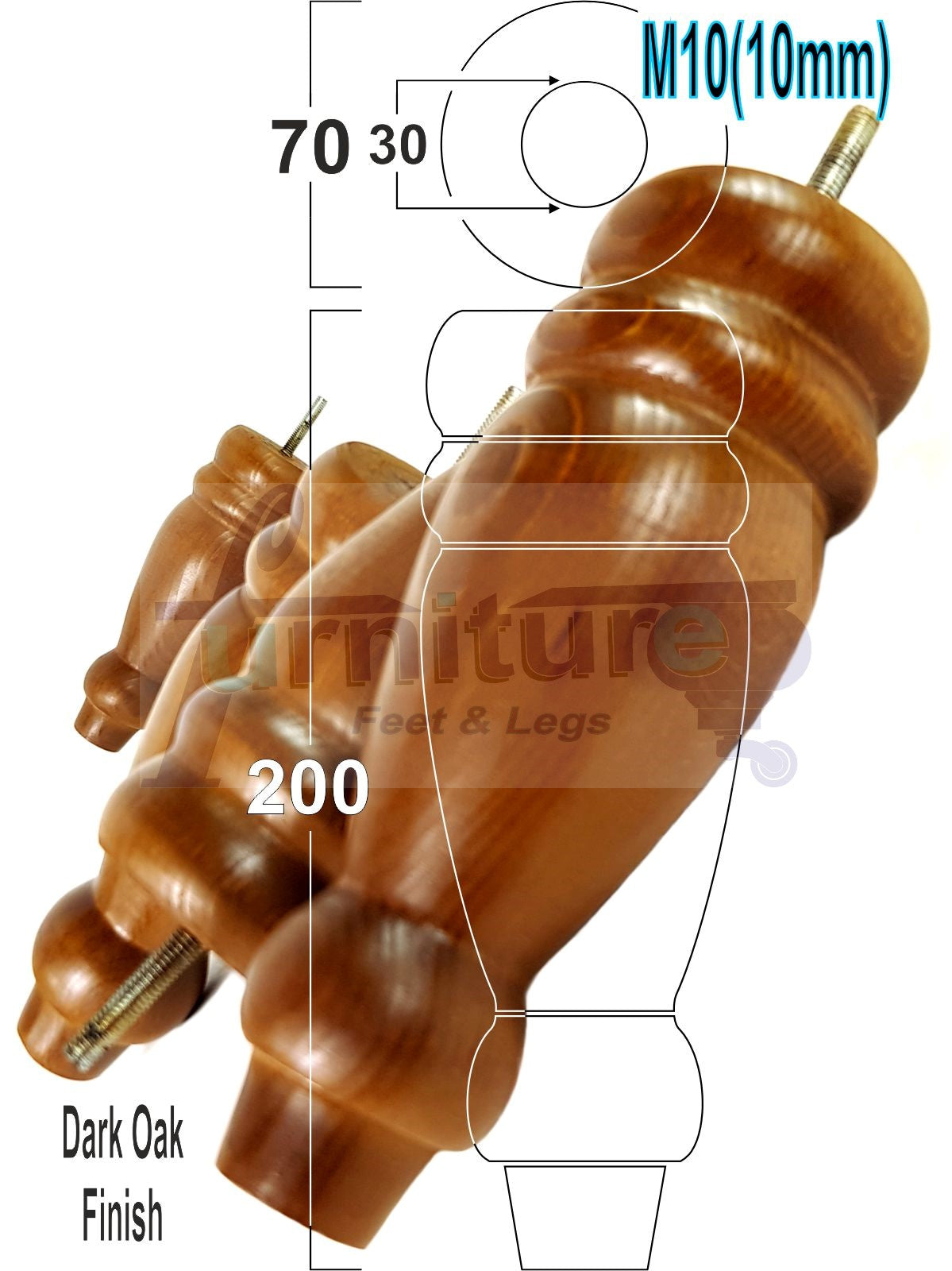 Set Of 4 Turned Furniture Legs Replacement Sofa Feet 200mm Hight M10 Thread