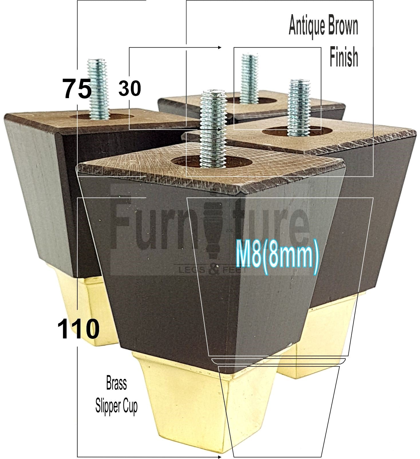 4x Block Wood With A Brass Slipper Cup Furniture Chair Settee Legs M8 Sofa Feet 110mm