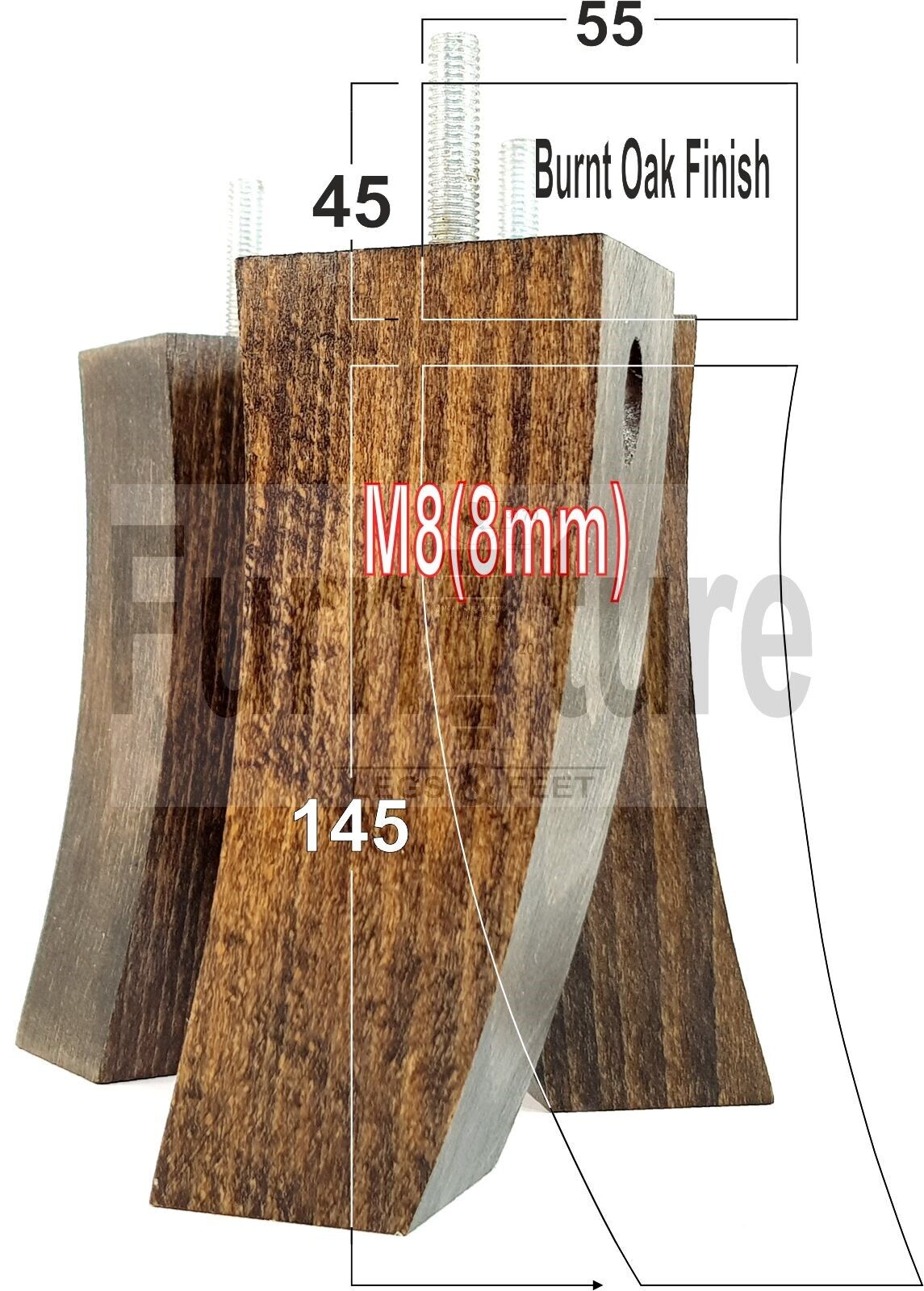 Set Of 4 Solid Wood Curved Furniture Feet Replacement Legs 145mm High M8(8mm)
