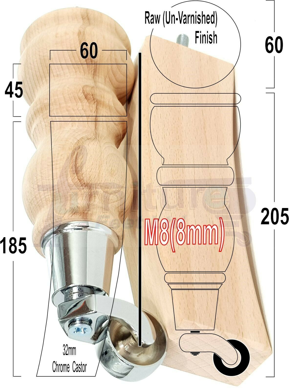 2x Wood Furniture Castor Settee Feet & 2x Curved Legs 8mm Thread 205mm High Raw (Un-Varnished) For Sofas Chairs Stools Cabinets & Beds