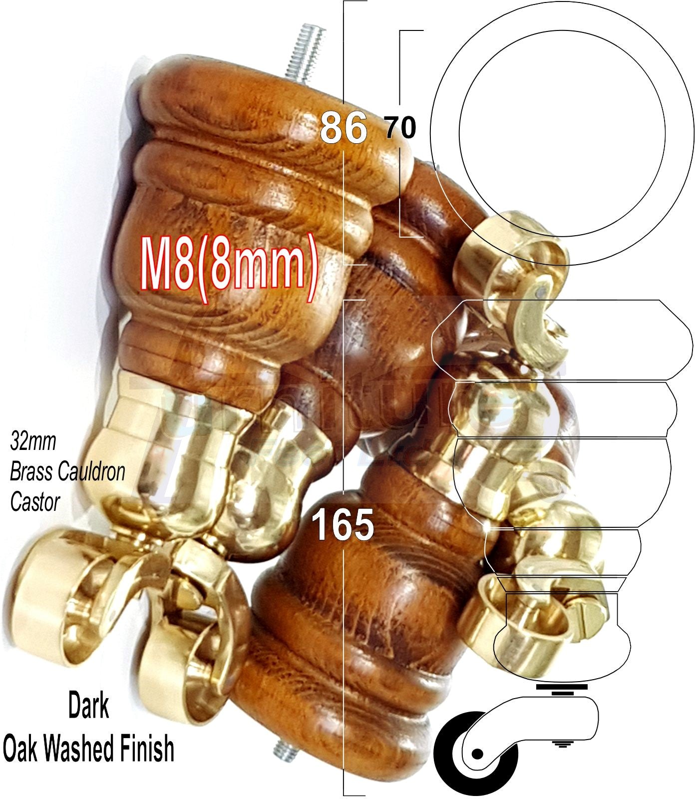4 Turned Wood Furniture Feet With Brass Cauldron Castors 160mm Legs Sofas Chairs Stools Cabinets Beds M8 6 Inches