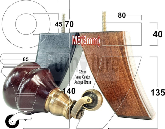 Turned Wood Furniture Feet 2 With Antique Brass Castors 140mm & 2 Curved Back Legs Sofas Chairs Beds 8mm