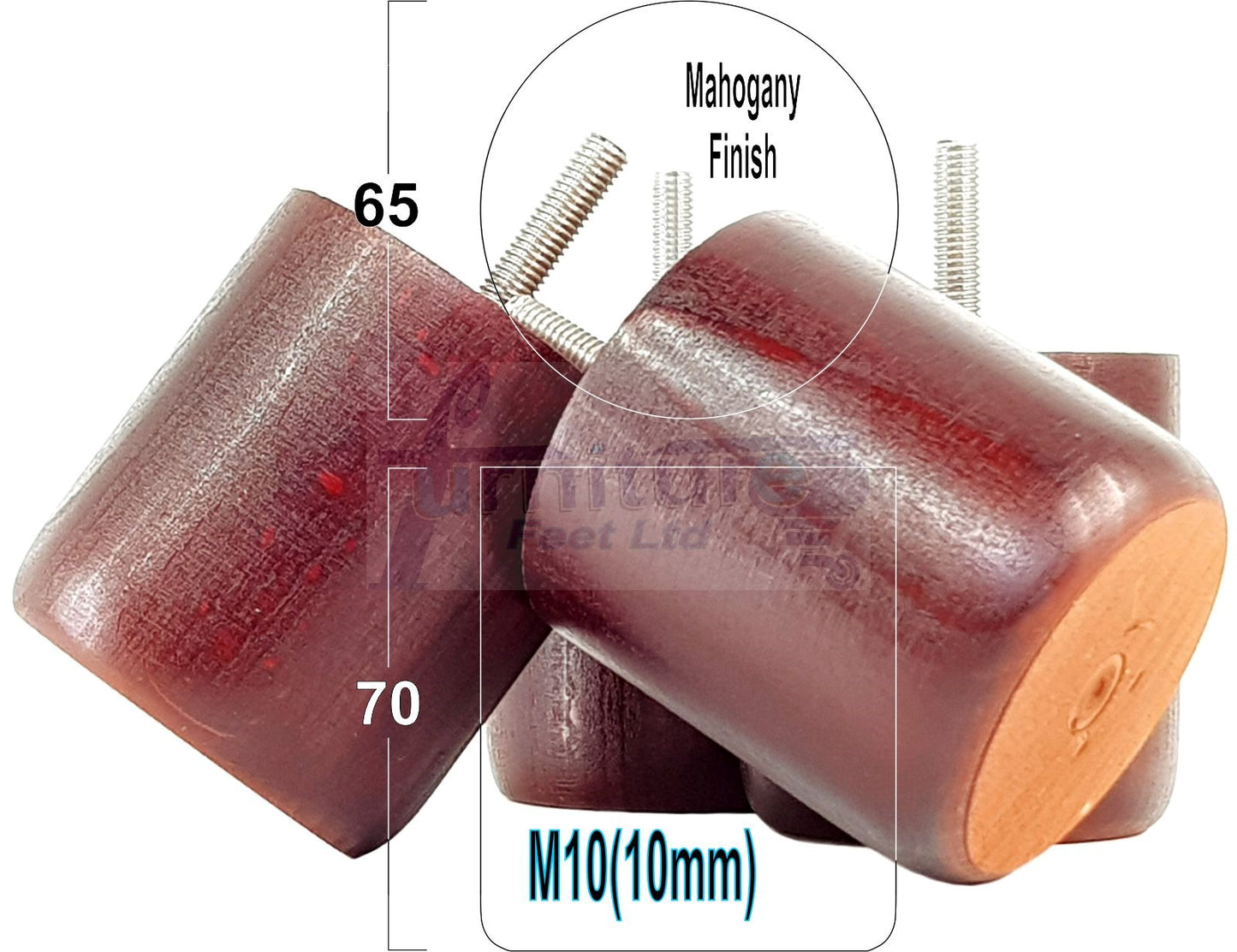 4x Solid Wood Turned Furniture Legs Replacement Bun Feet 70mm High 10mm Thread