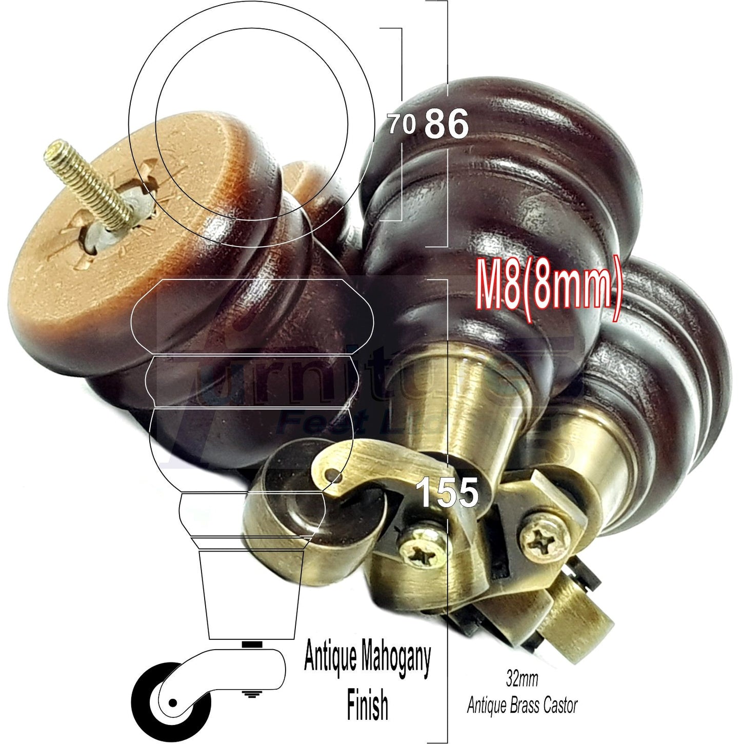 4 Turned Wood Furniture Feet With Antique Brass Castors 155mm Legs Sofas Chairs Stools Cabinets Beds M8 6 Inches