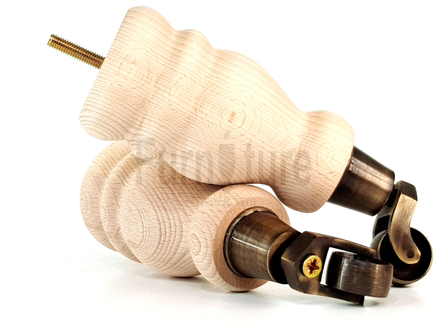 Set Of 4 Wooden Turned Replacement Furniture Legs 200mm High With Antique Brass Castor Wheels 8mm Thread