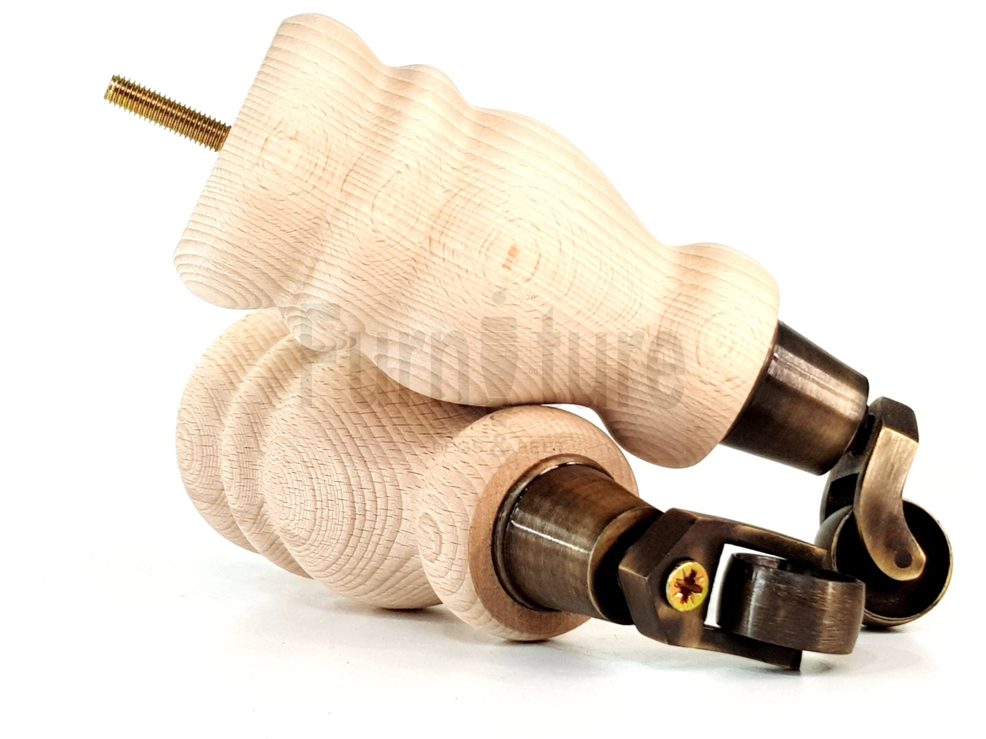 Set Of 4 Wooden Turned Replacement Furniture Legs 200mm High With Antique Brass Castor Wheels 8mm Thread